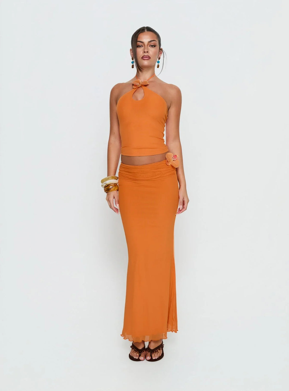 Star Fruit Ruched Waist Maxi Skirt Orange
