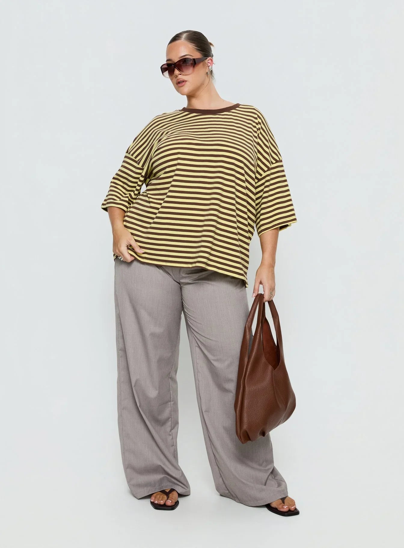 Settle Down Short Sleeve Top Yellow / Brown Stripe Curve