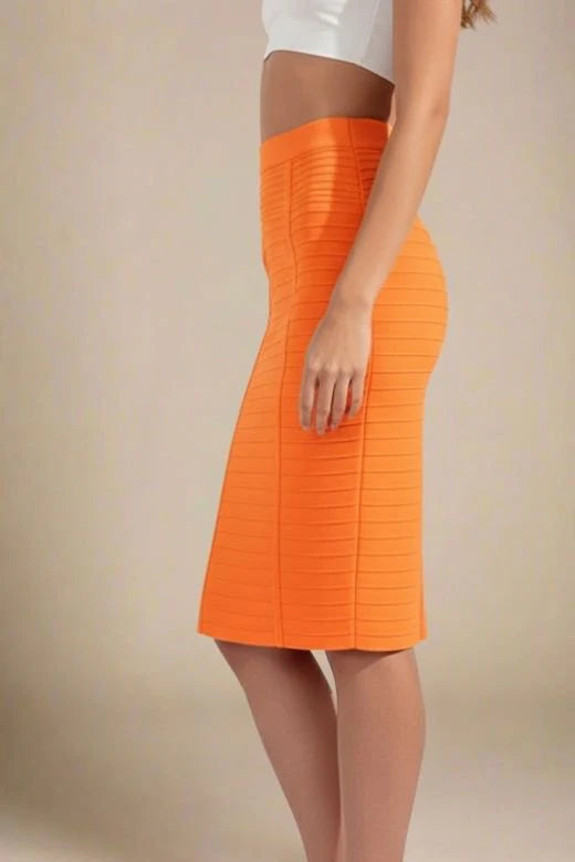 Pencil Bandage Knitted Knee Length Skirt Apricot Orange
