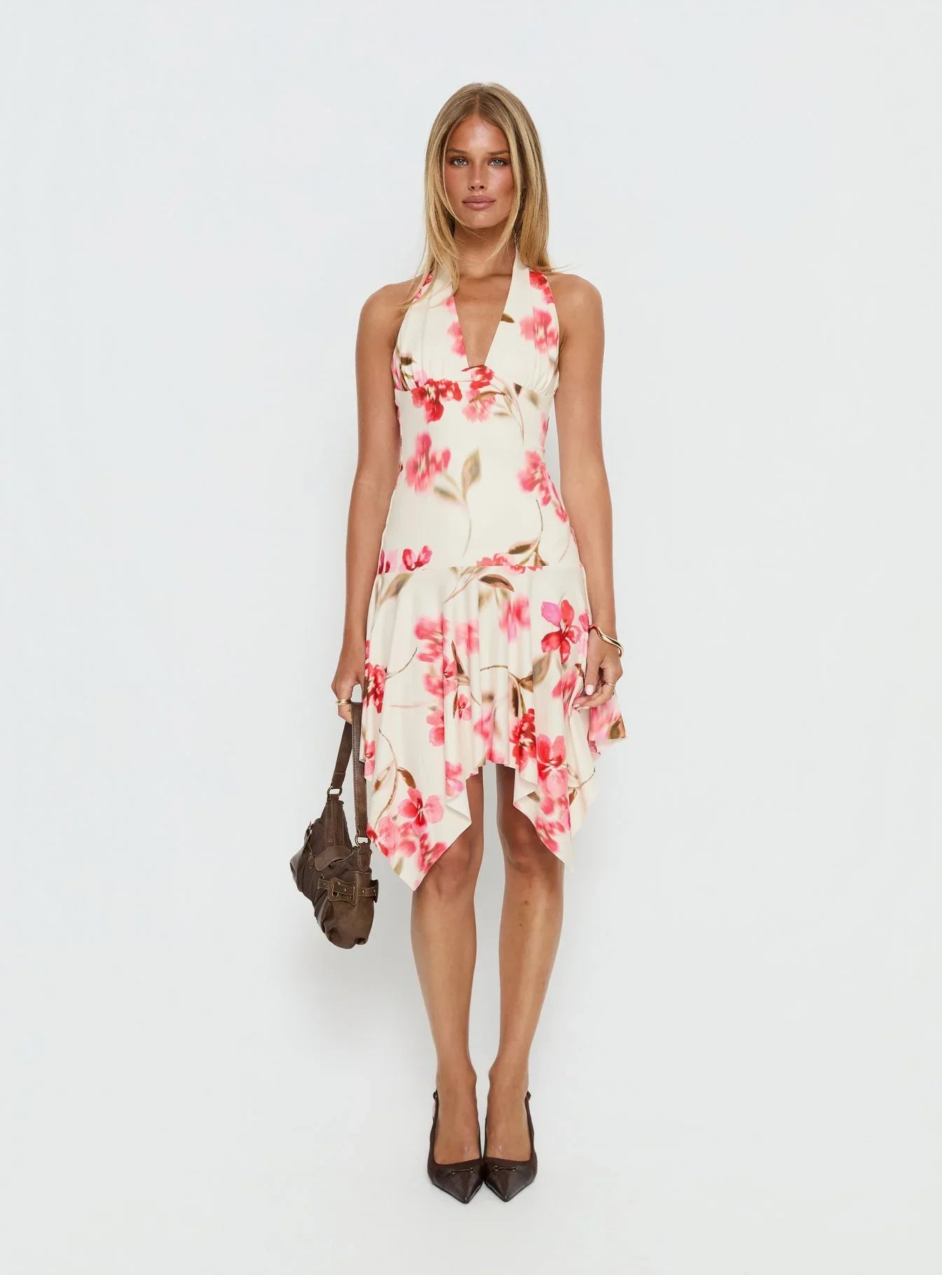 Loreza Halter Asymmetrical Midi Dress Cream Floral