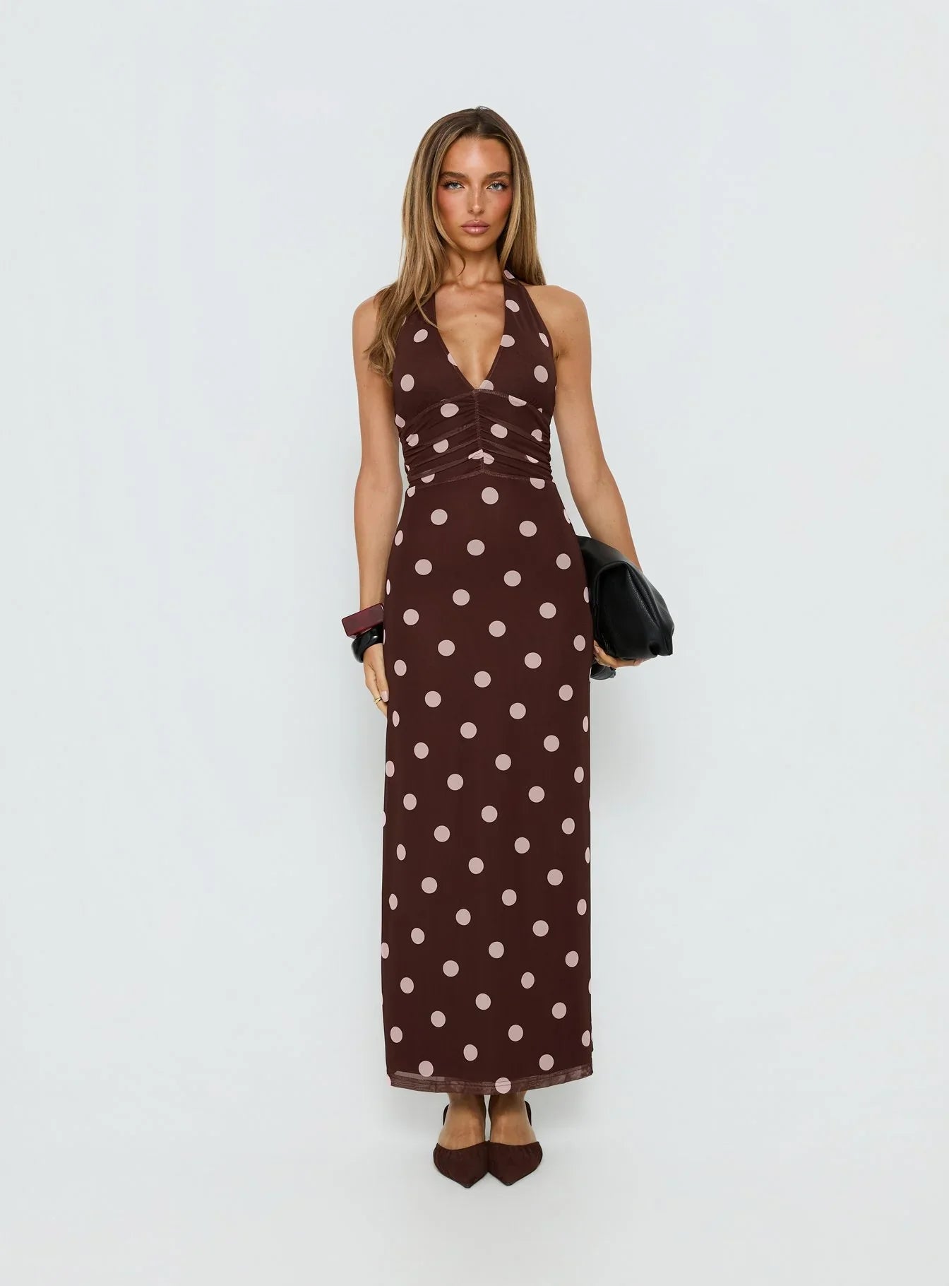 Saviana Halter Ruched Maxi Dress Chocolate / Pink Polka Dot