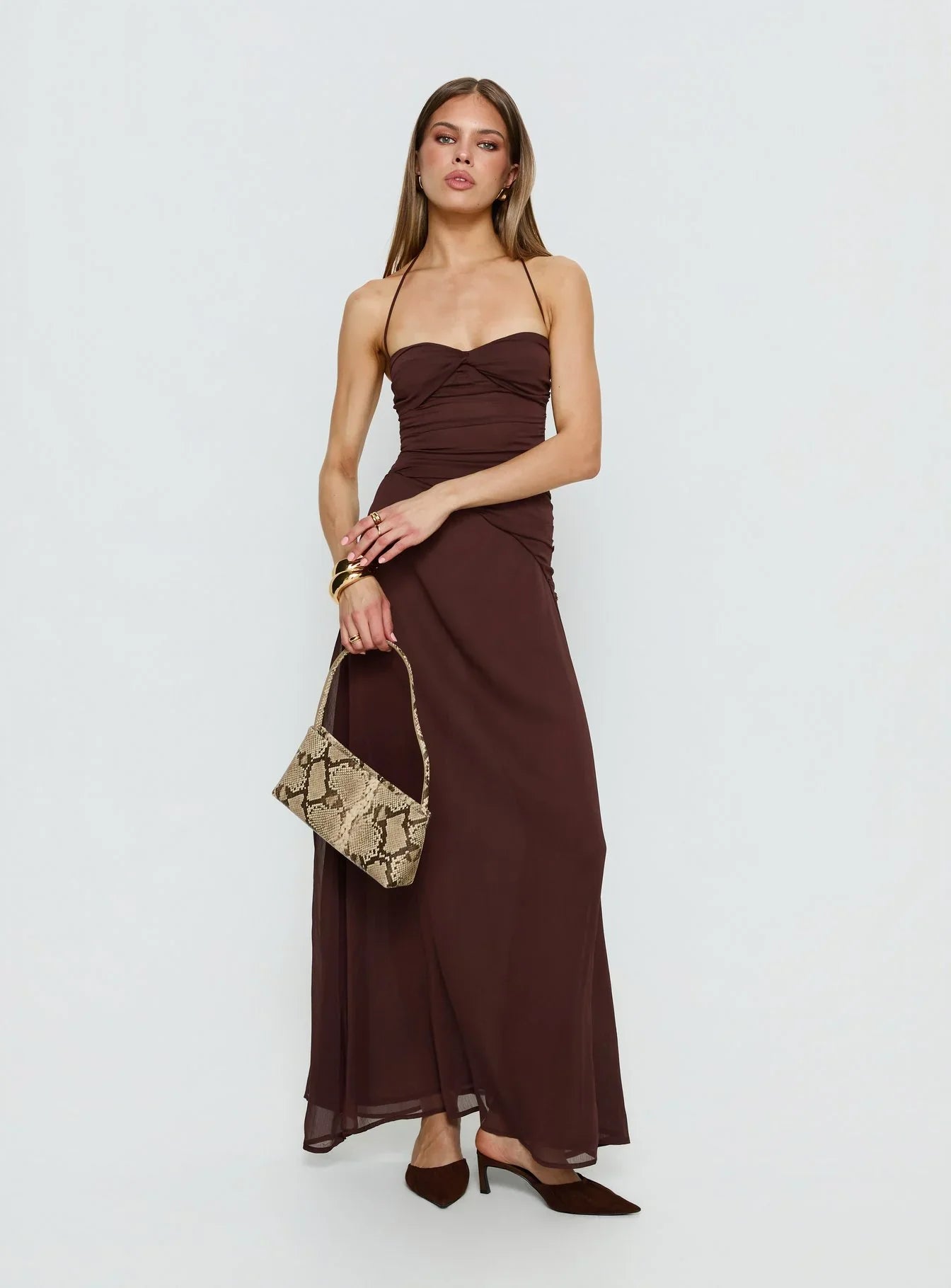 Kaemila Halter Chiffon Maxi Dress Brown