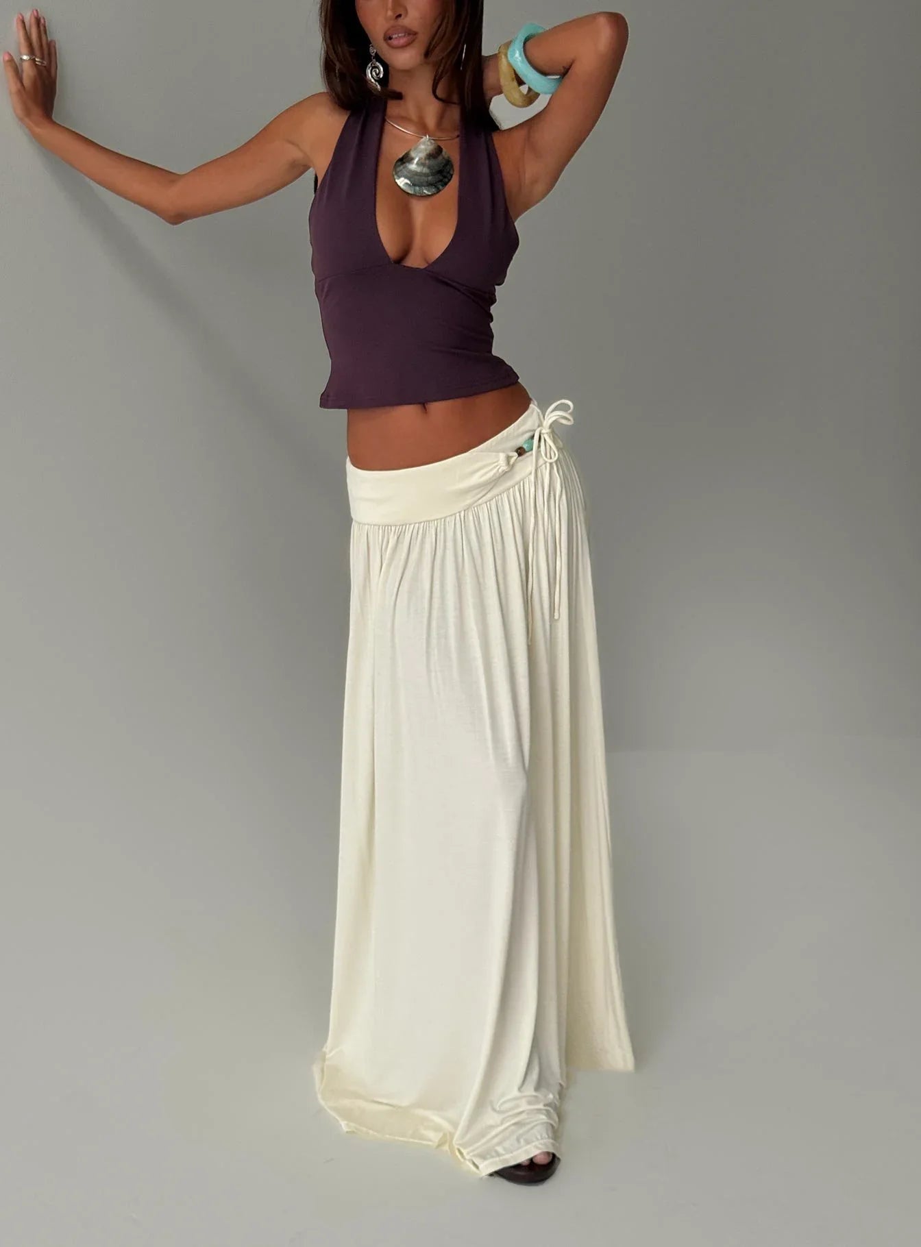Velvet Storm Tie Detail Flowy Maxi Skirt Cream