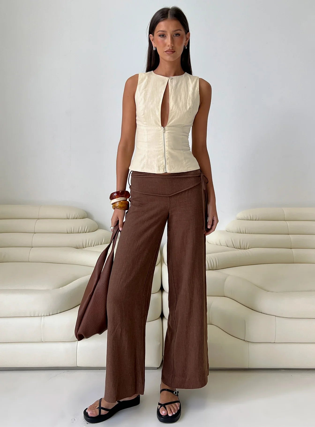 Silver Moon Linen Blend Tie Pants Brown Petite