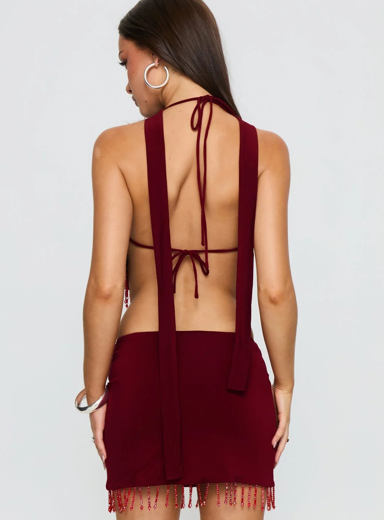 Ginah Bead Tassel Cowl Neck Top Red