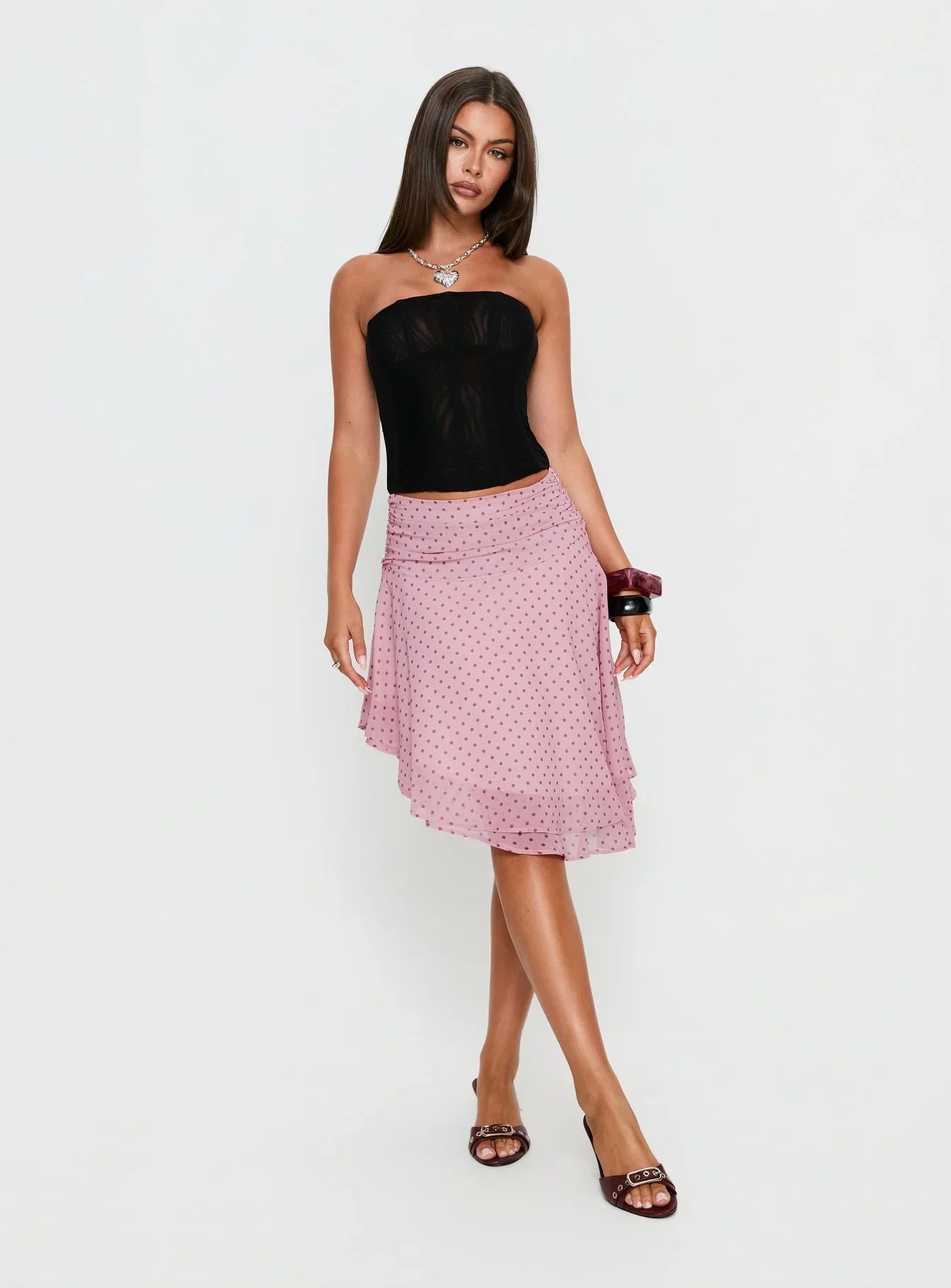 Evanescence Asymmetrical Midi Skirt Pink Polka Dot