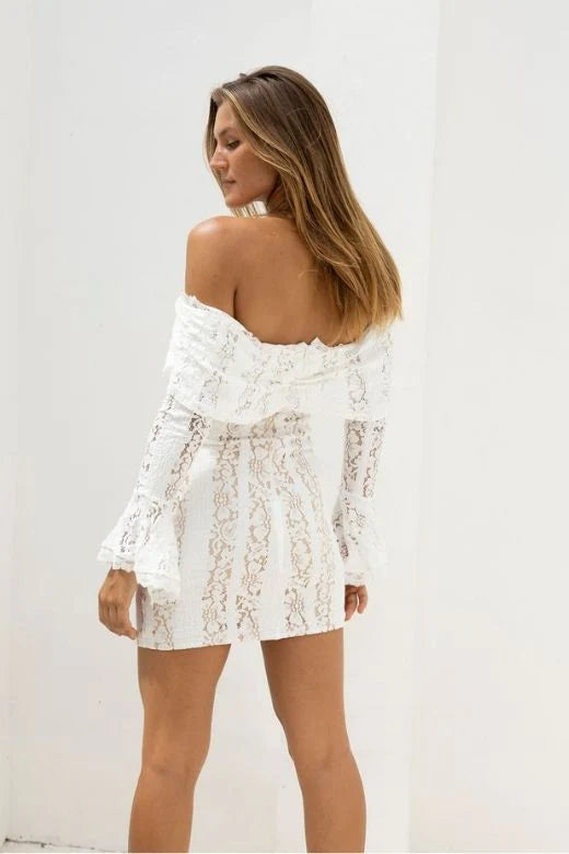 Rose Long Sleeve Bodycon Mini Dress White Pearl