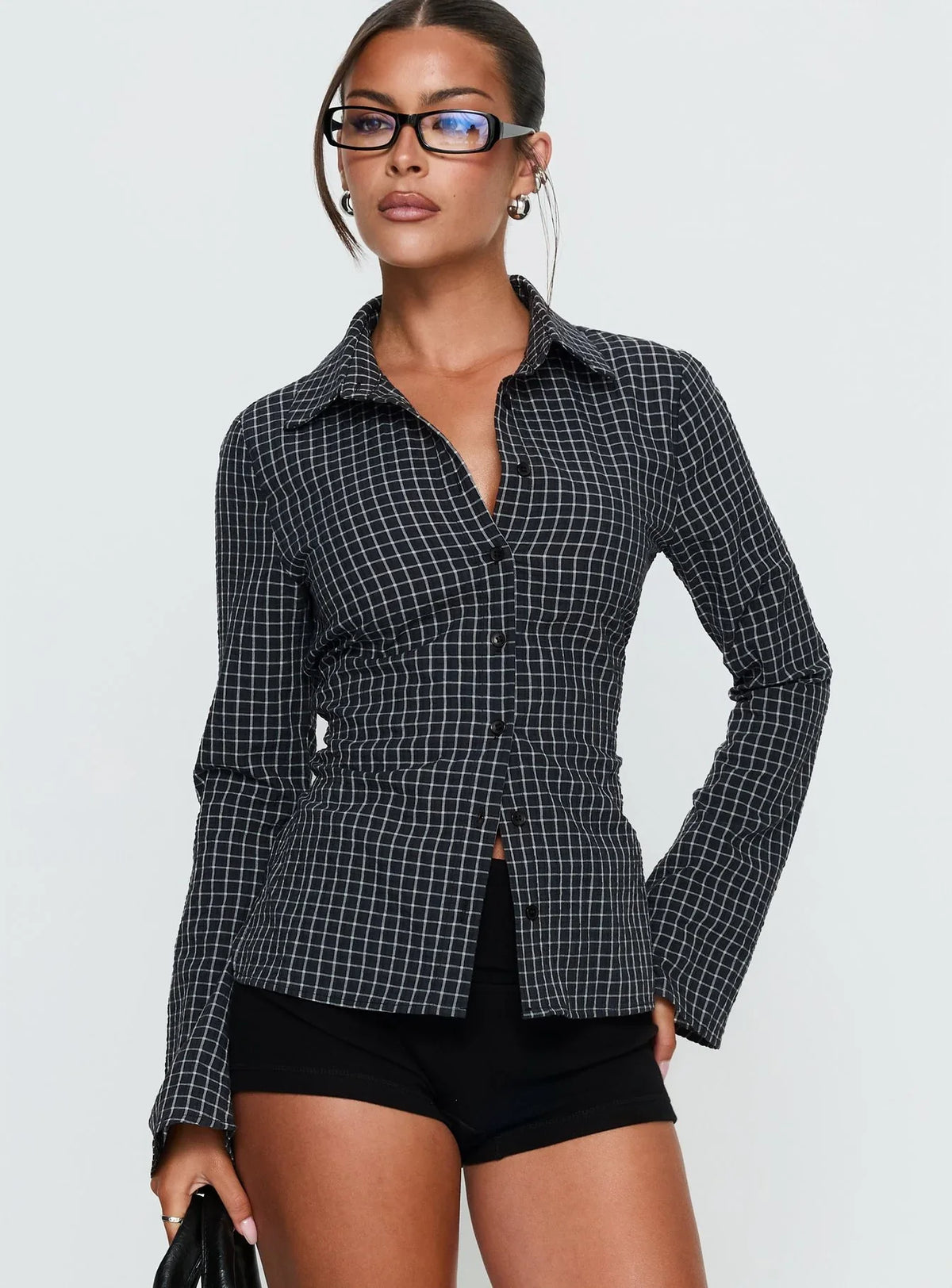 Eryx Tie Back Button Up Top Black Check