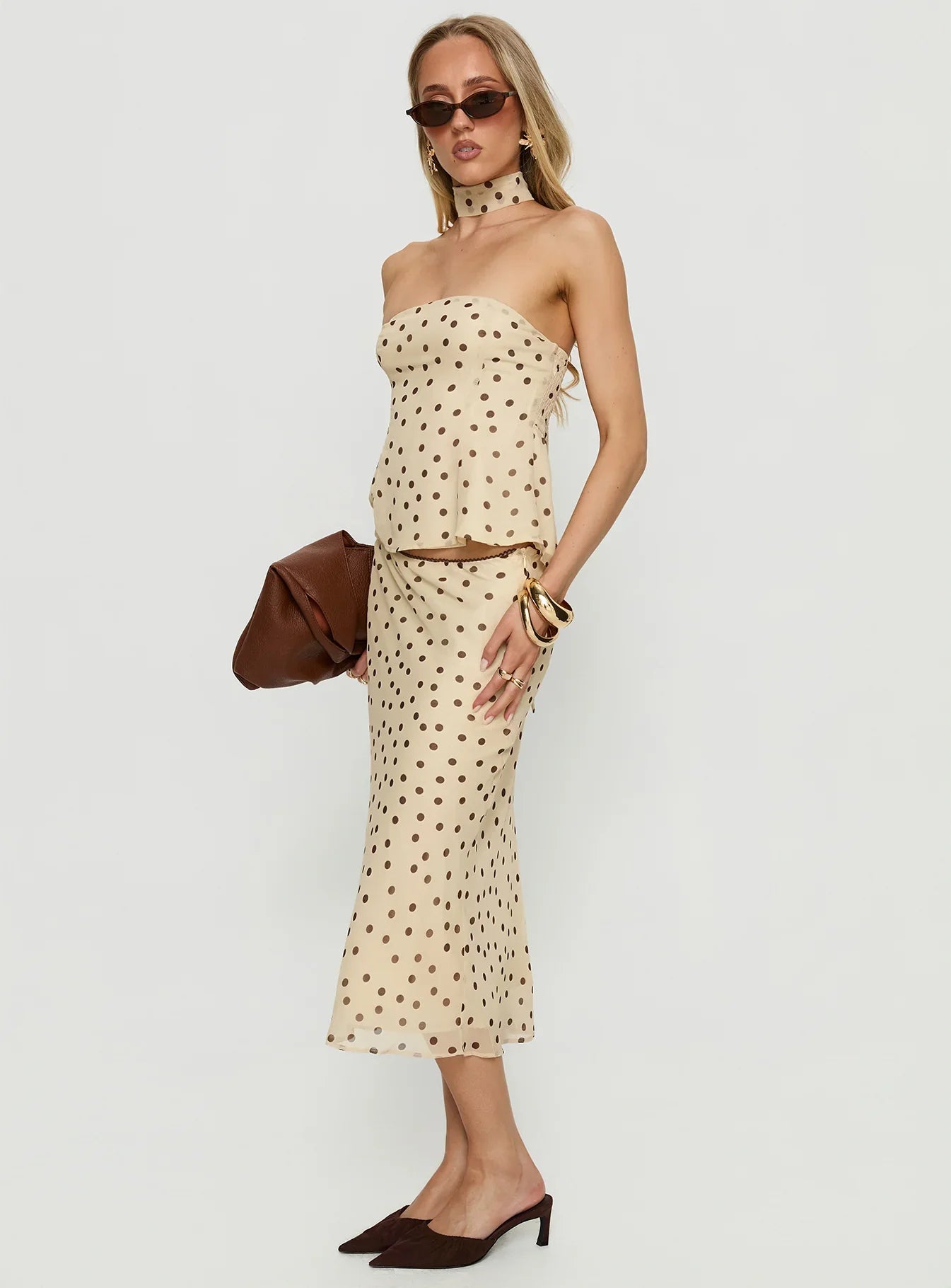 Sydni Midi Bias Cut Skirt Yellow Chocolate Polka