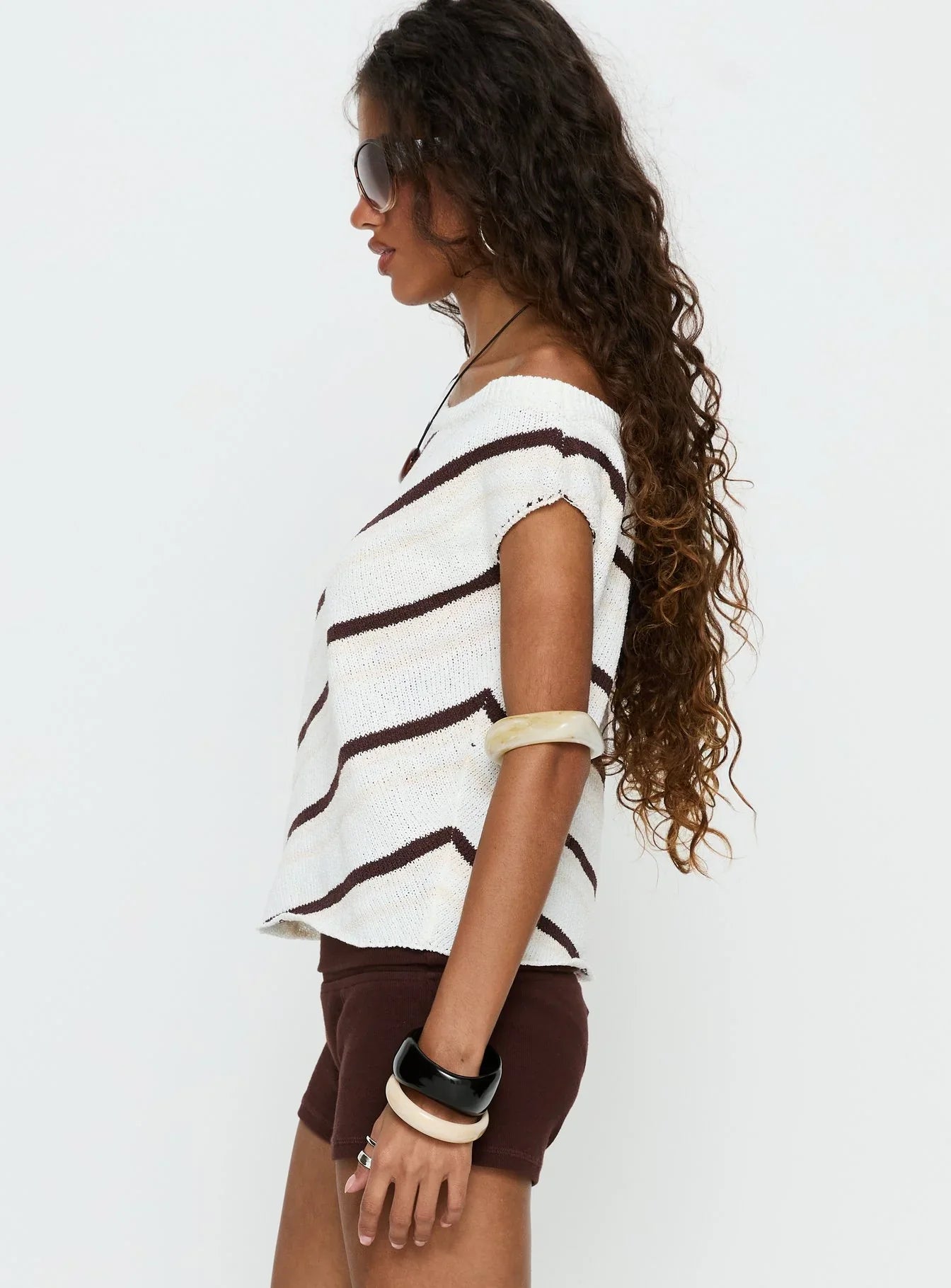 Ashfield Off Shoulder Top White / Beige Stripe
