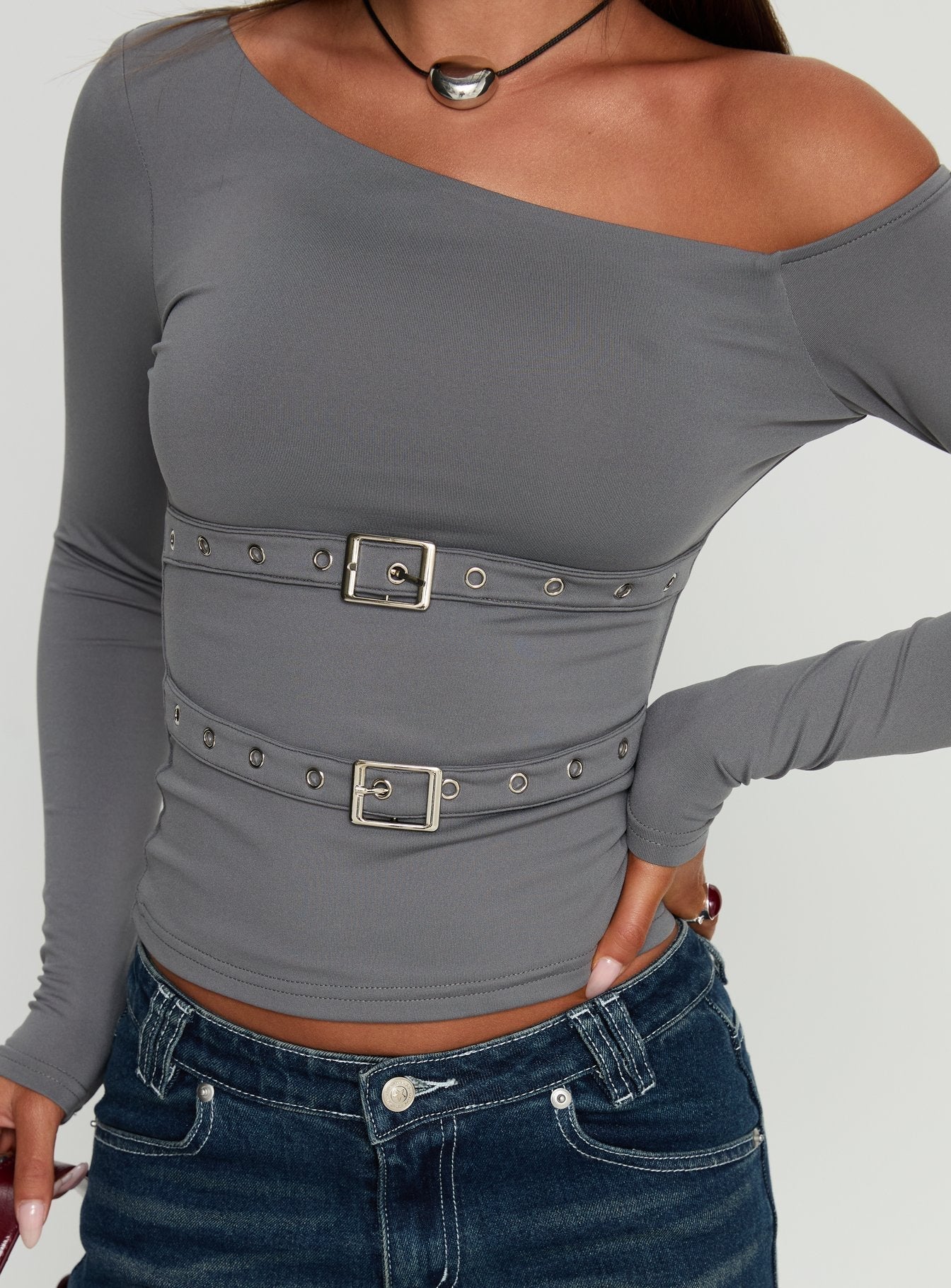 Luisana Buckle Detail One Shoulder Top Dark Grey