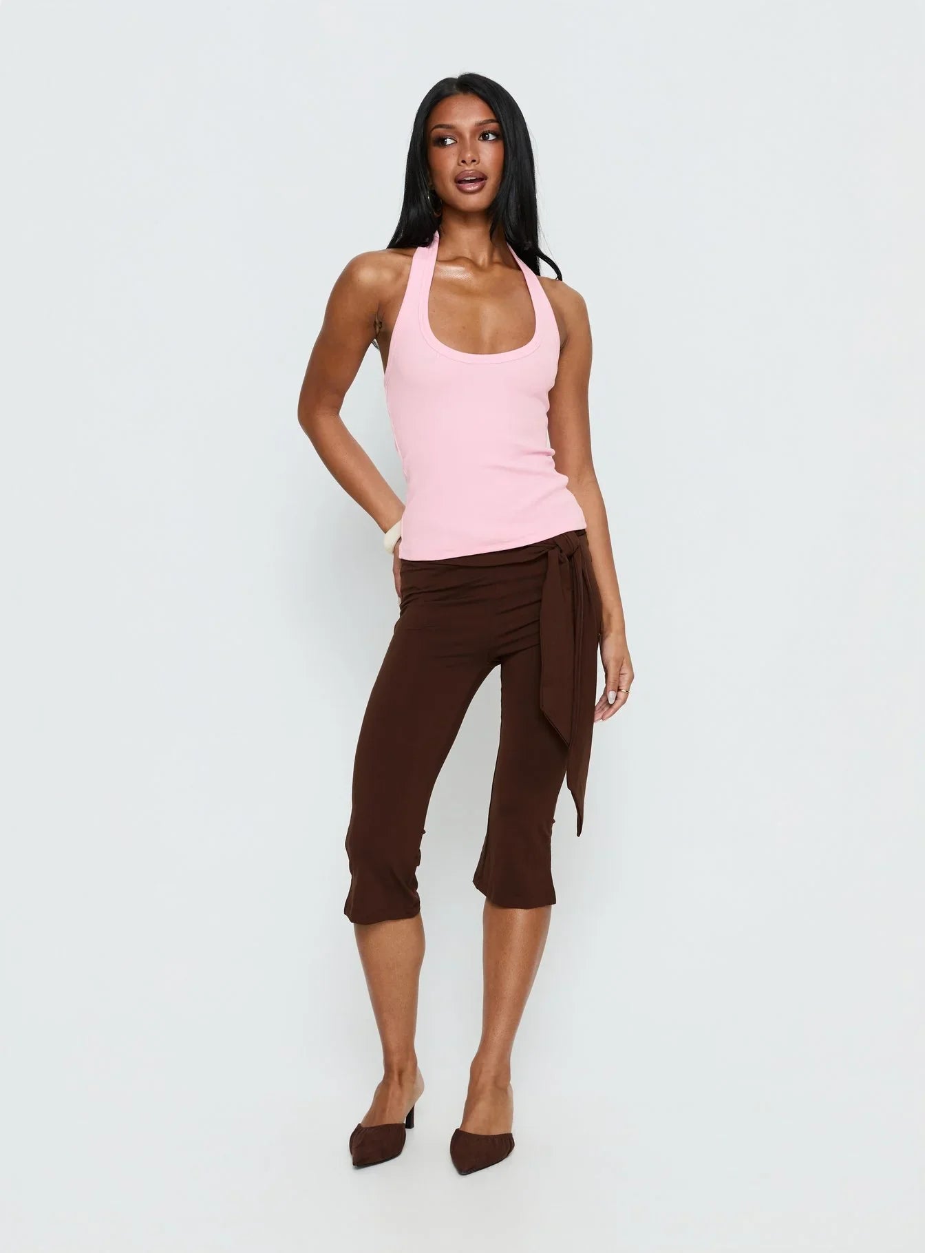 Lizana Tie Side Capri Pants Brown