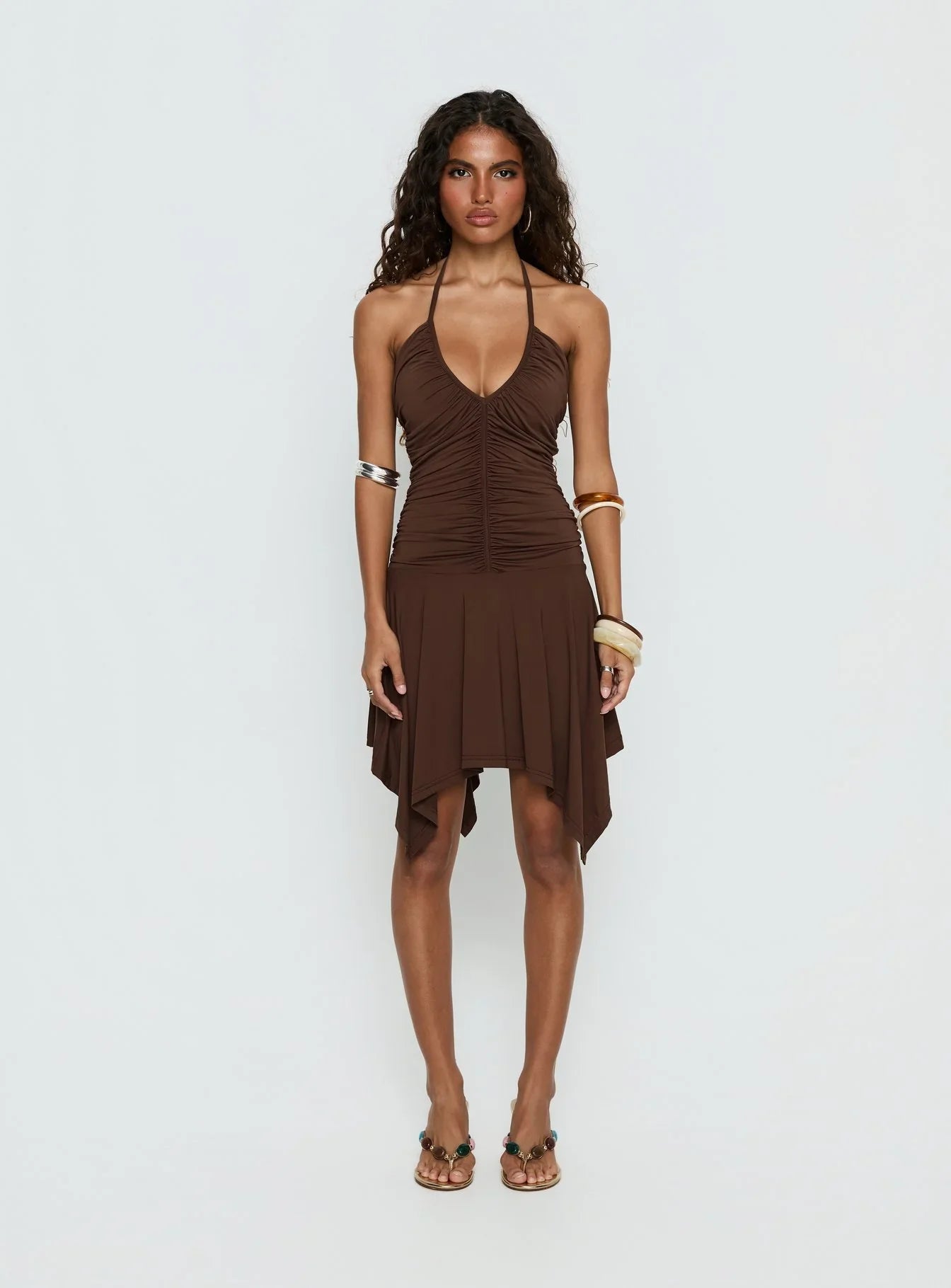 Angiana Halter Asymmetrical Mini Dress Chocolate Brown