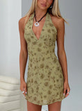 Mysterie Halter Mini Dress Green Floral