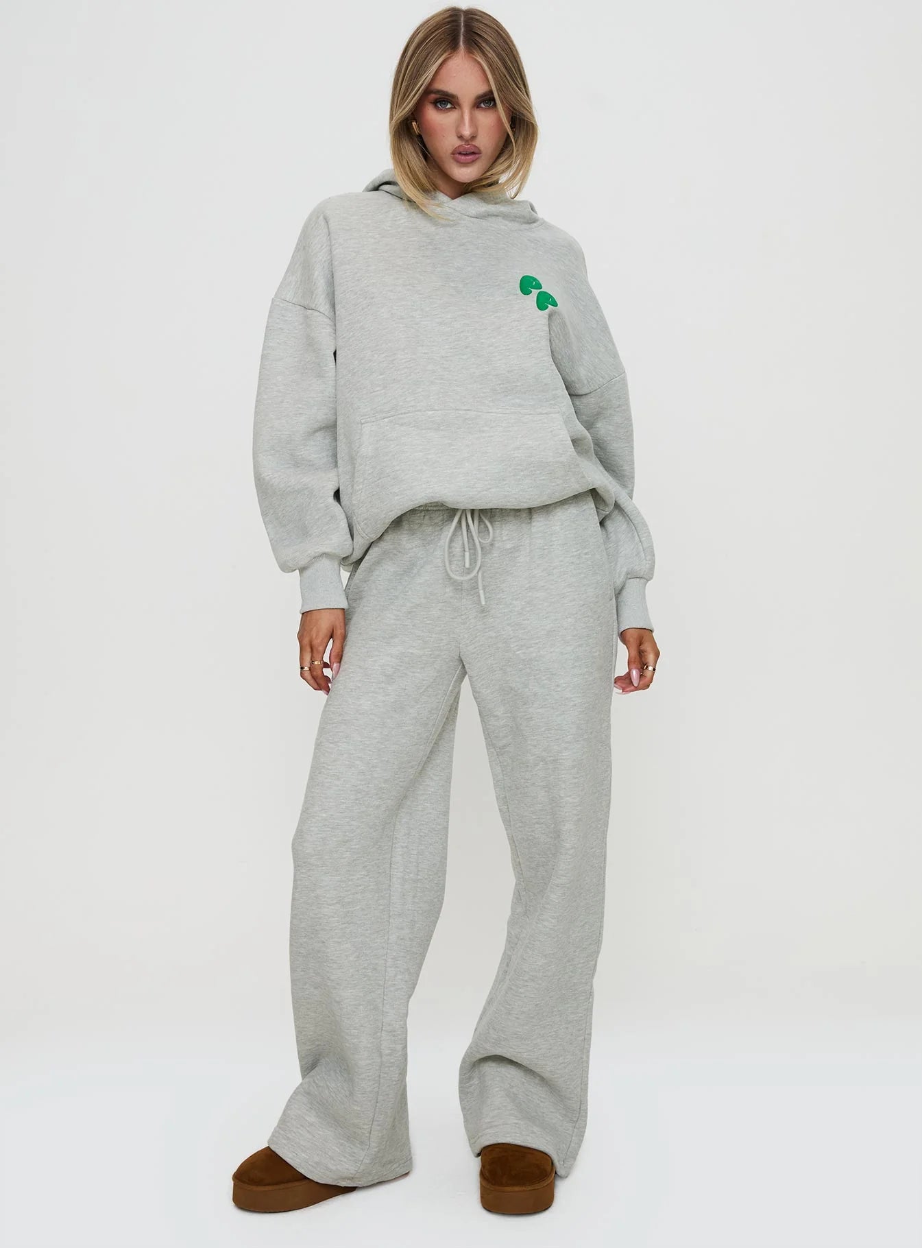 Princess Polly Hooded Sweatshirt Bubble Text Grey Marle Green
