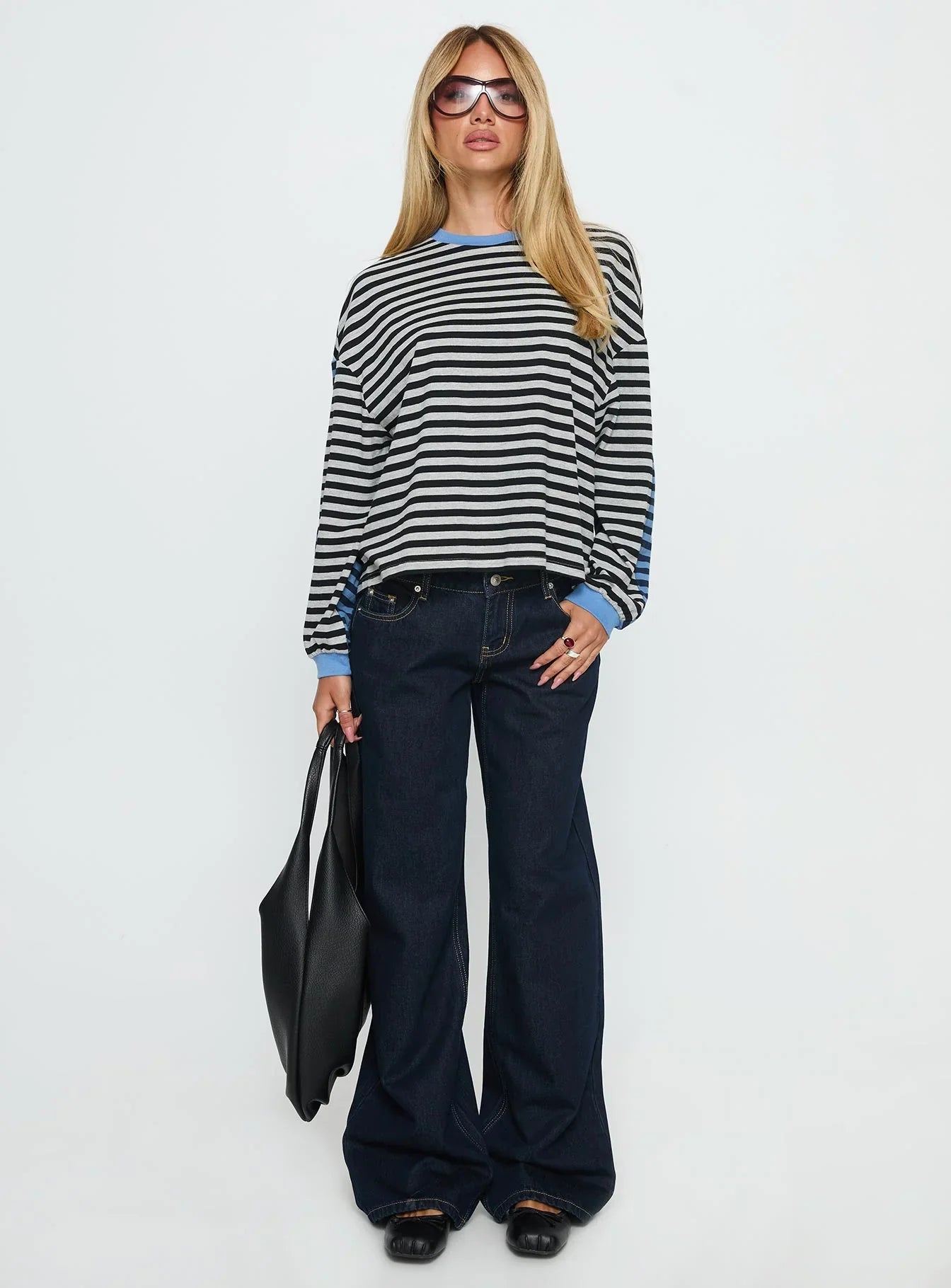 Taysha Long Sleeve Top Black Grey Stripe