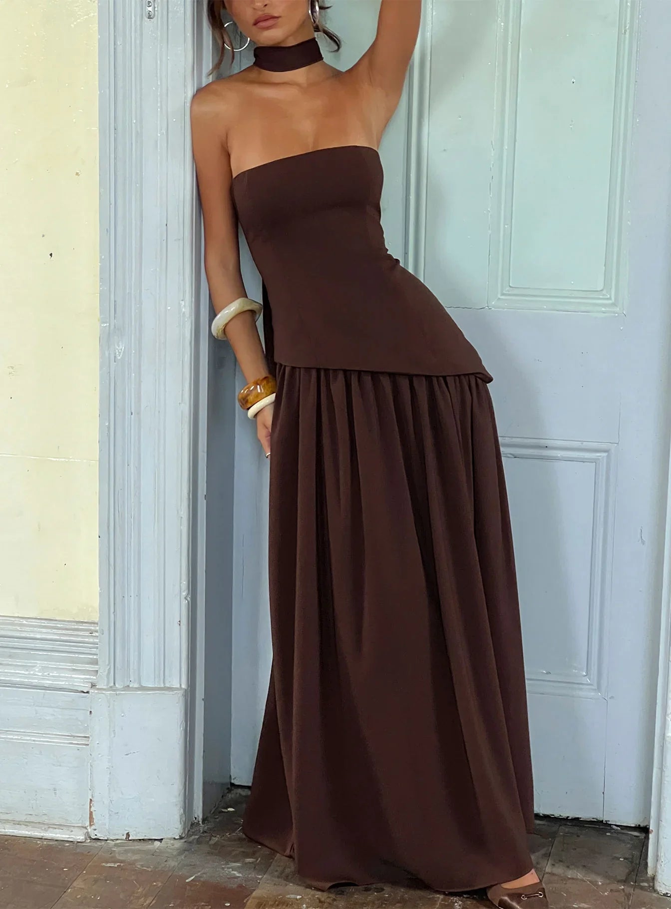 Odela Strapless Drop Waist Maxi Dress Chocolate