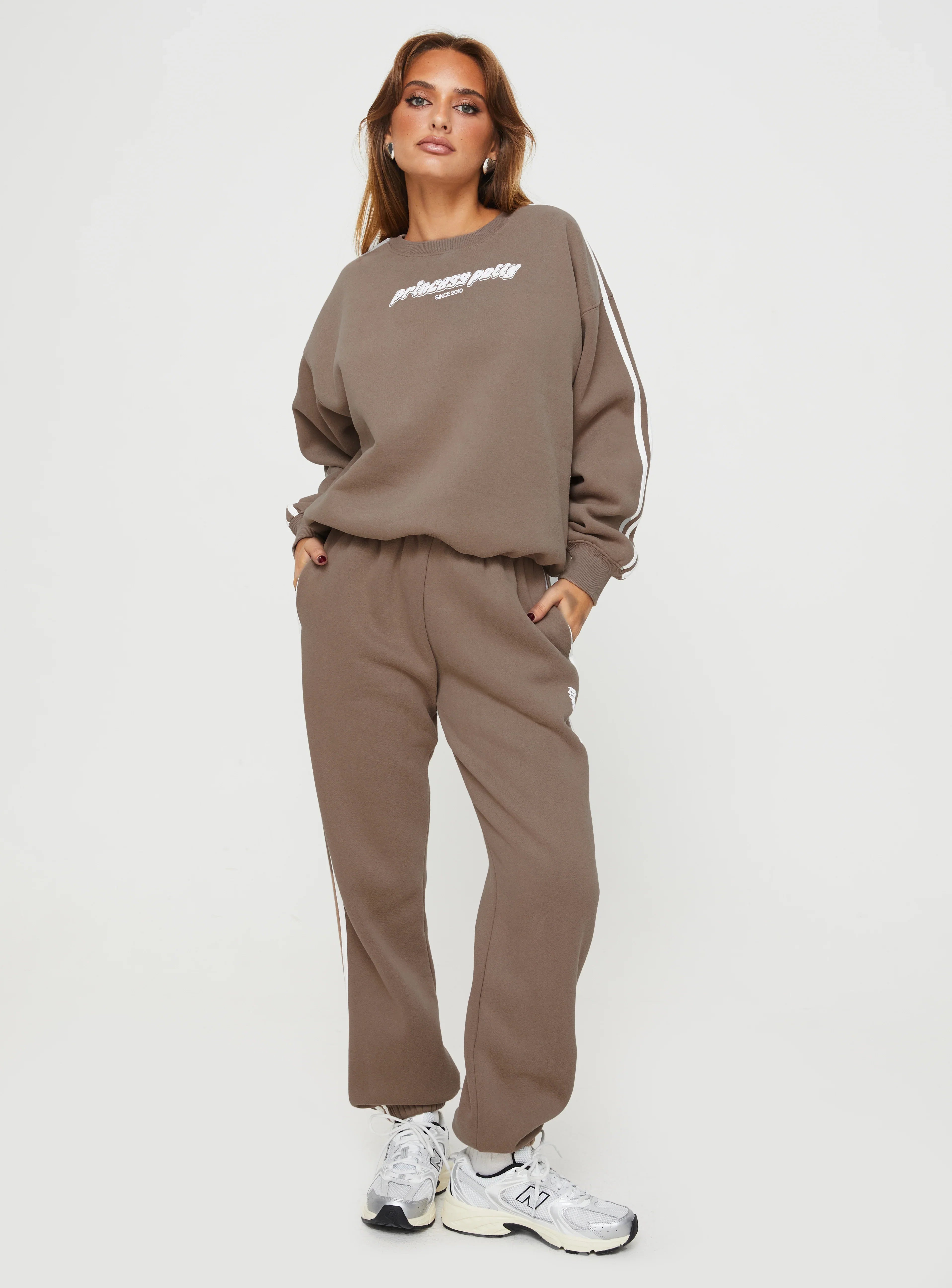 Princess Polly Crew Neck Sweatshirt Stripe Taupe White