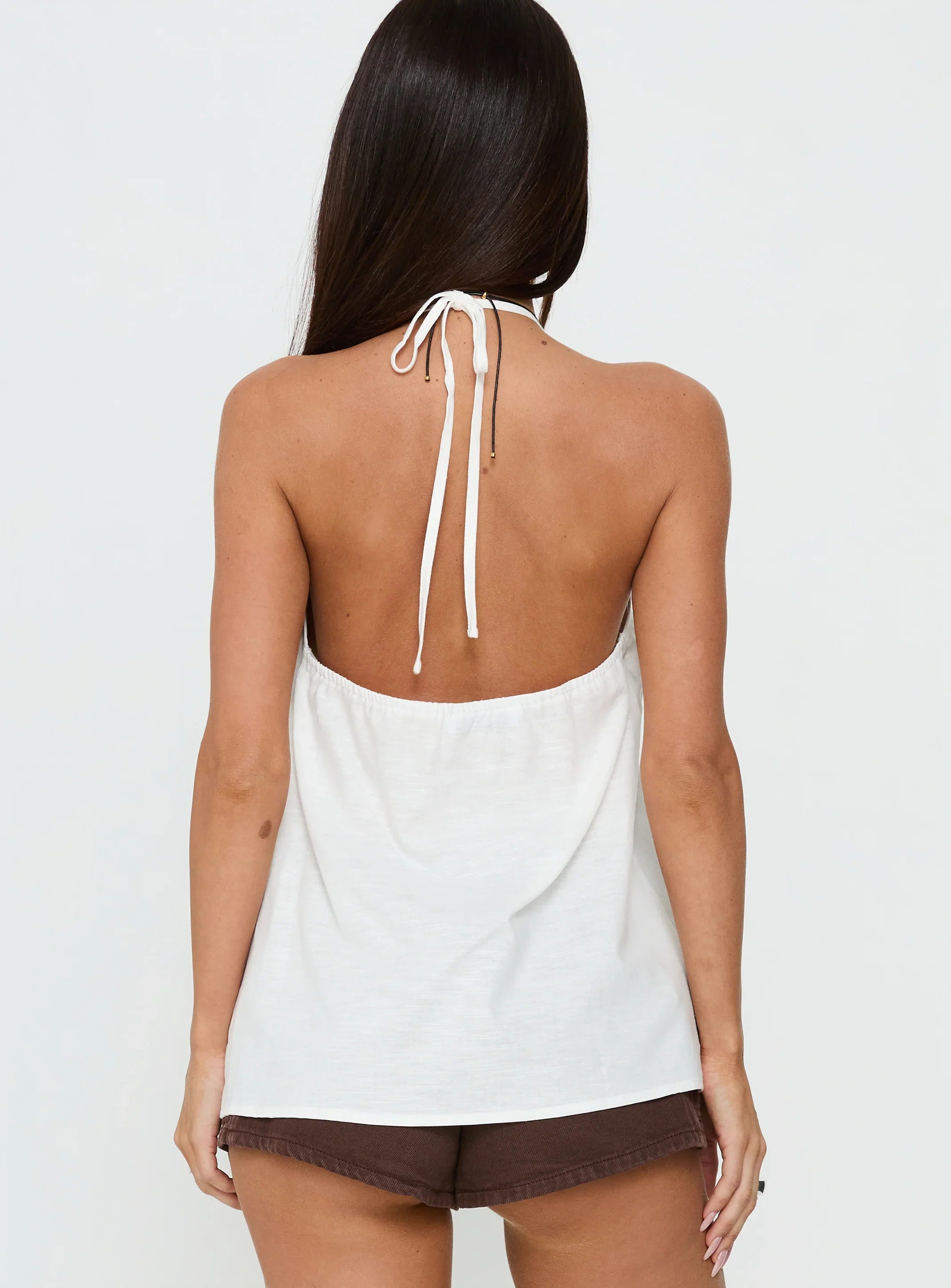 Kitra Flowy Bead Detail Tie Neck Top White