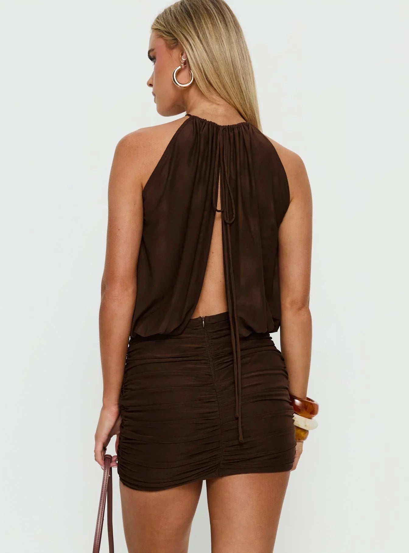 Jennah Halter Ruched Mini Dress Chocolate