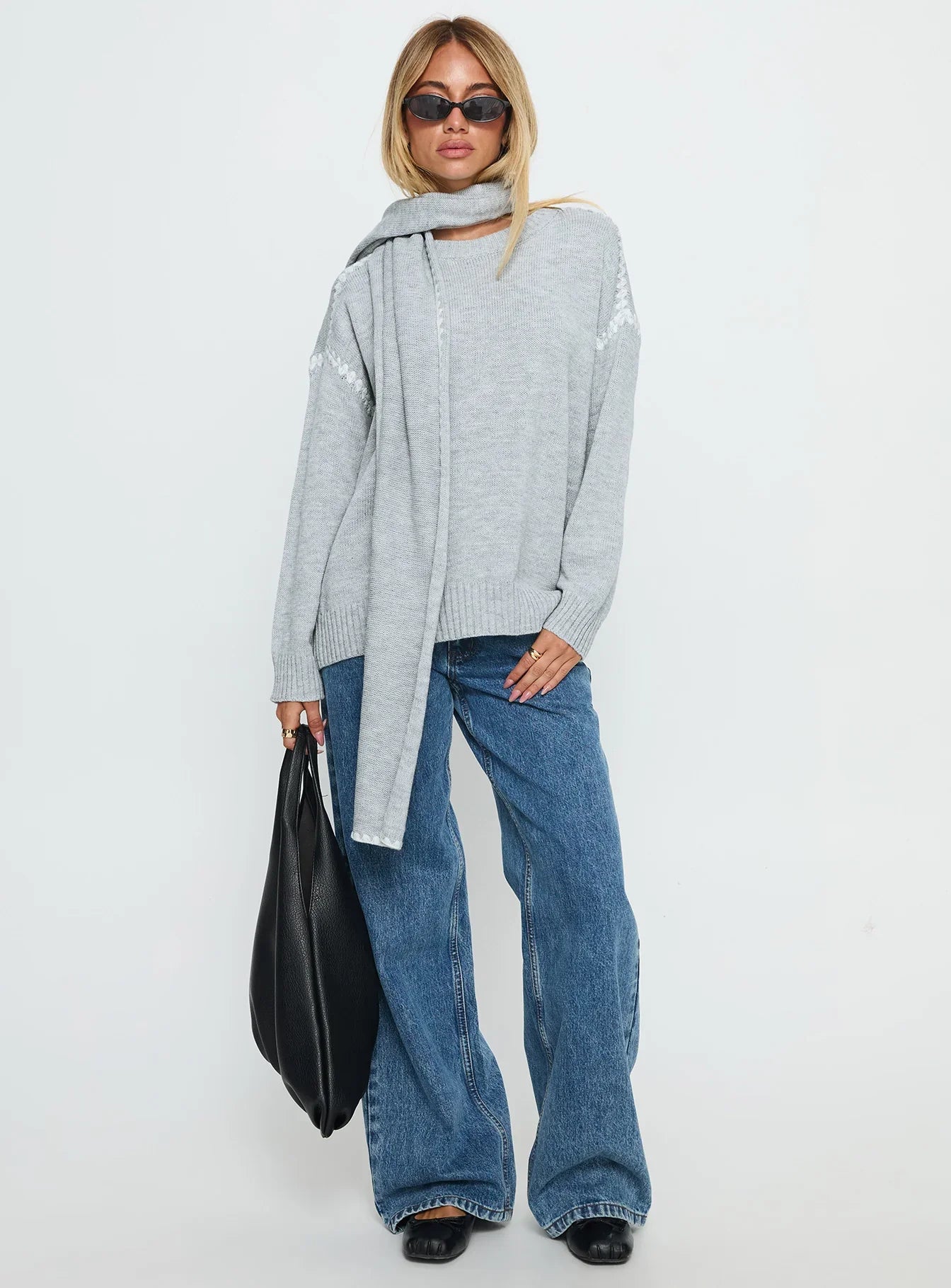 Keriana Contrast Stitch Knit Sweater Grey White