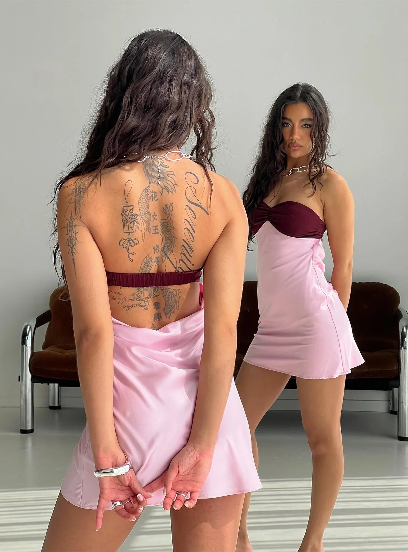 Luxa Ruched Mini Dress Pink Wine