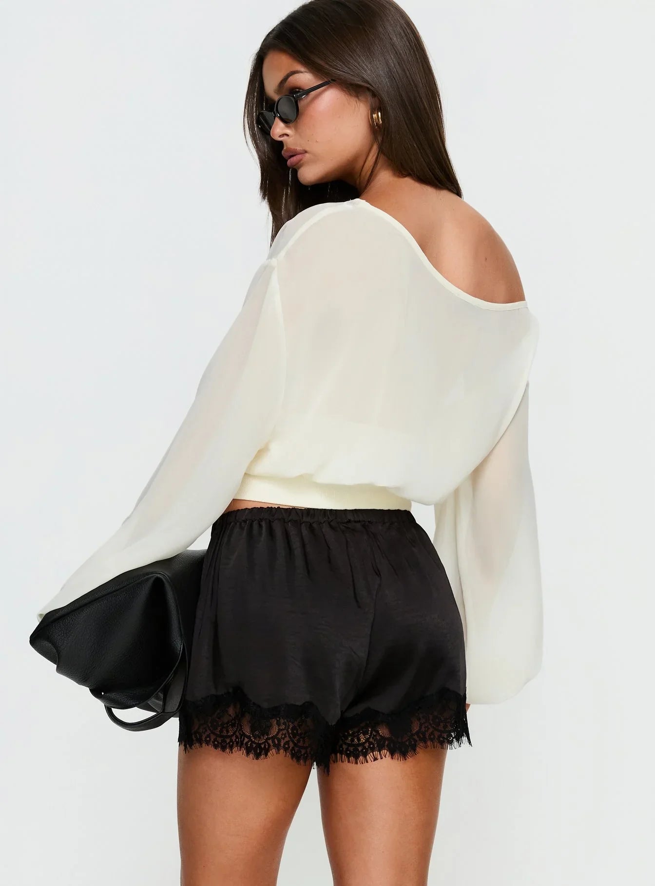 Parisse Satin Lace Trim Shorts Black