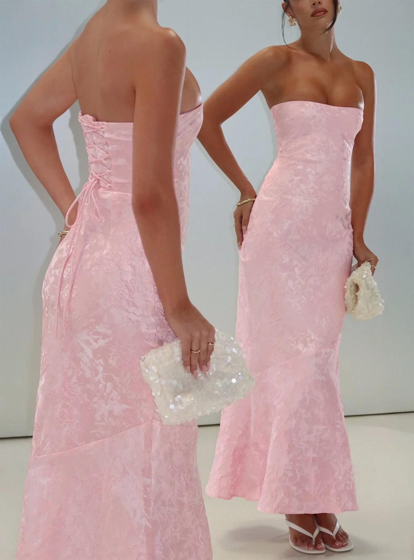 Lips Are Sealed Strapless Lace-Up Back Maxi Dress Pink