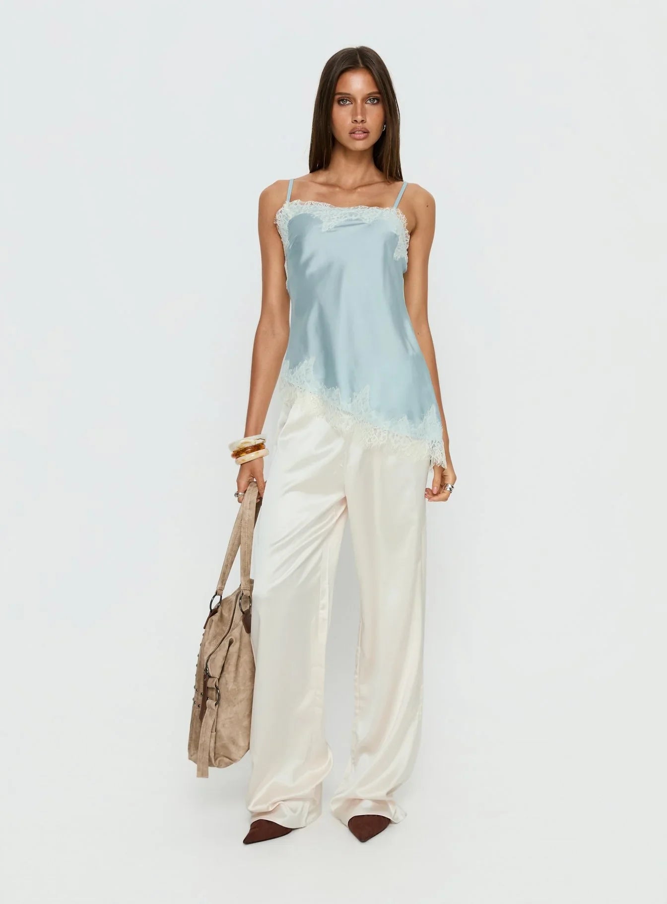 Winta Lace Trim Asymmetrical Satin Top Blue
