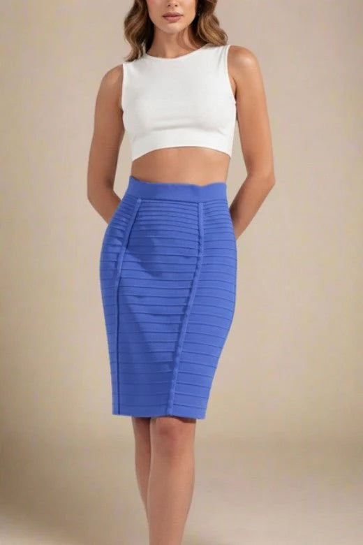 Pencil Bandage Knitted Knee Length Skirt Navy Blue