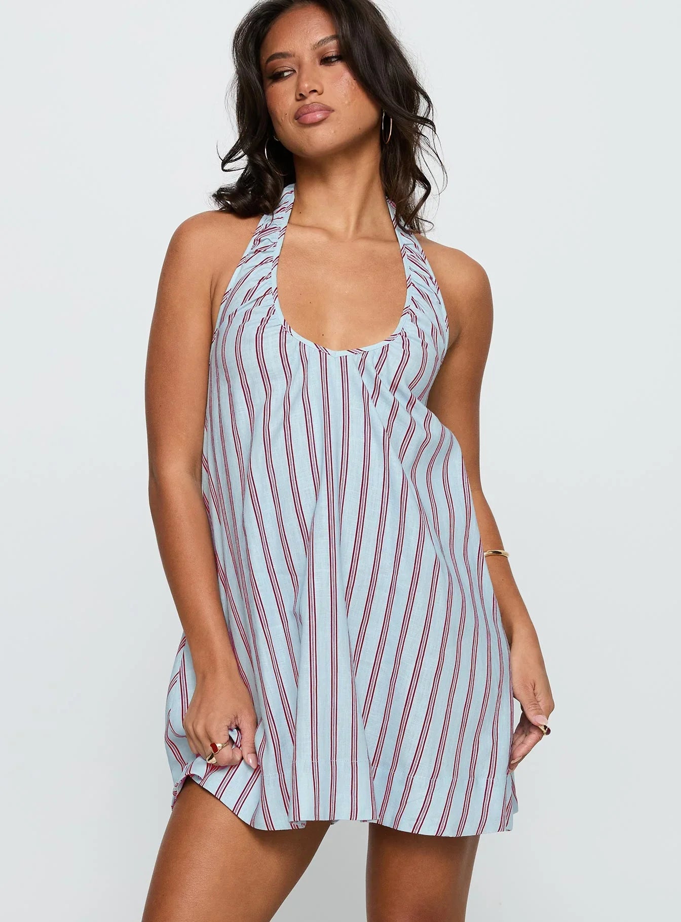Daydreams Linen Blend Halter Mini Dress Blue Maroon Stripe
