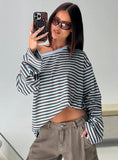 Settle Down One Shoulder Long Sleeve Top Chocolate / Blue Stripe