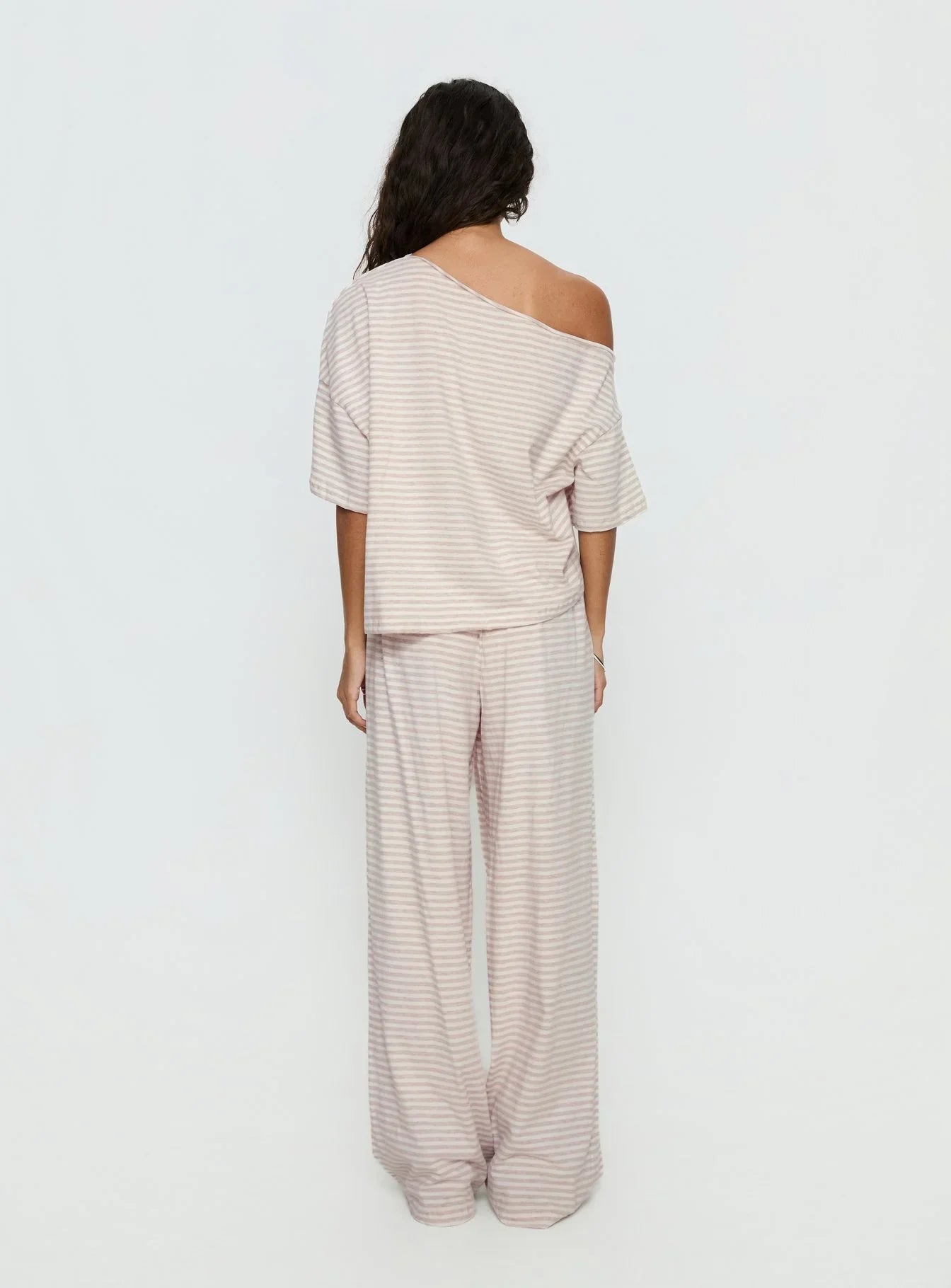 Tobie Off Shoulder Sleep Set Beige Stripe