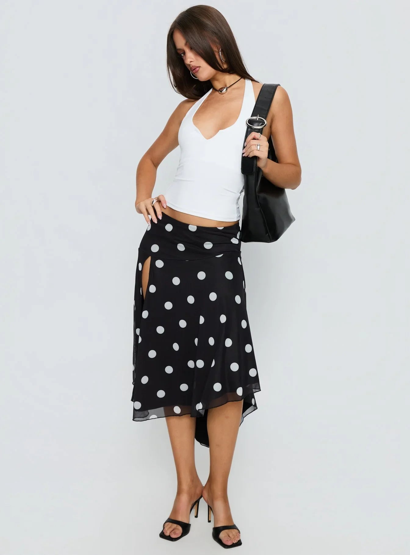 Dulciana High Split Asymmetrical Midi Skirt Black Polka Dot
