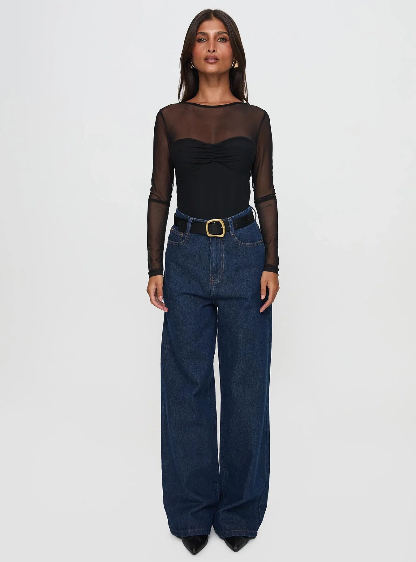 Delanee Mesh Detail Long Sleeve Bodysuit Black
