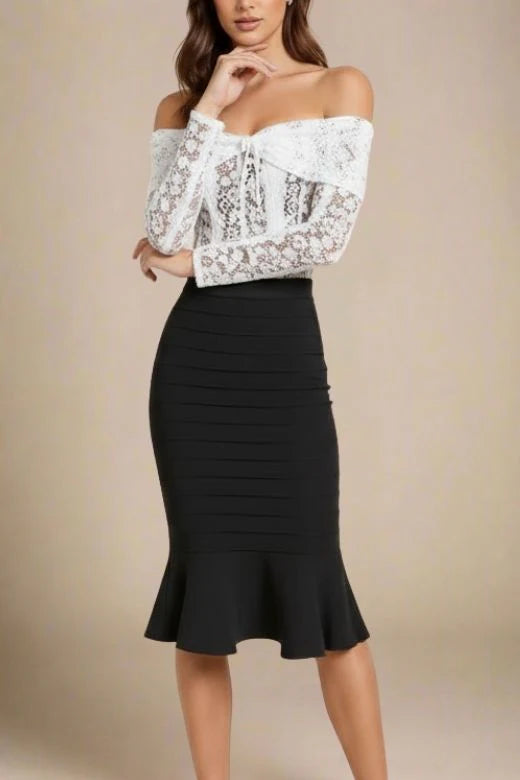 Peplum High Waist Bandage Midi Skirt Classic Black