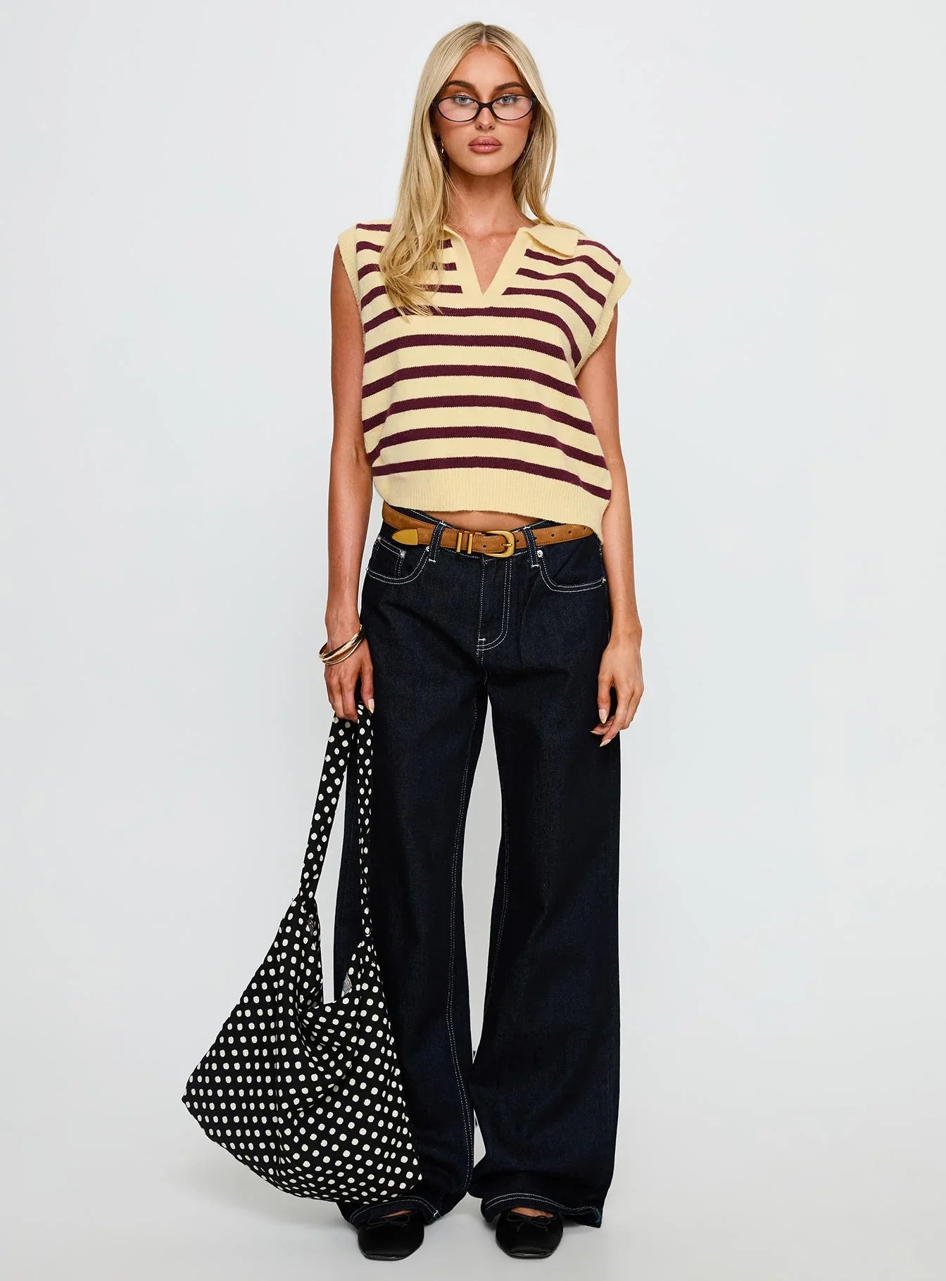 Yuliya Collared Sleeveless Top Lemon Burgundy Stripe