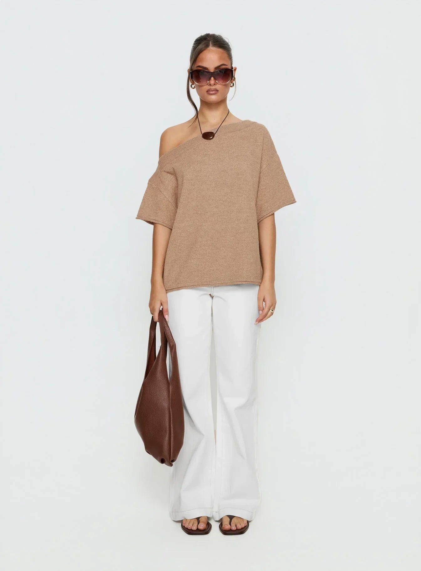 Kourta Off Shoulder Oversized Knit Top Mocha