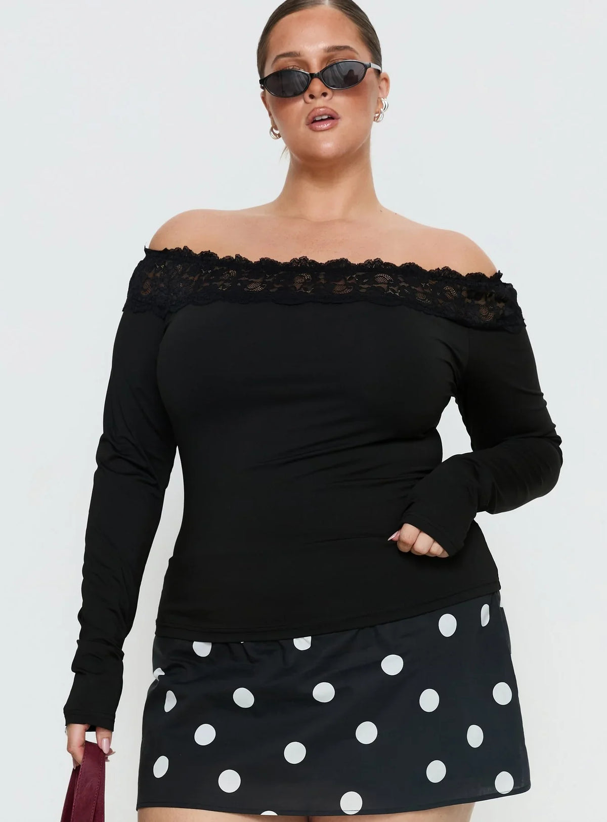 Breiann Lace Off Shoulder Long Sleeve Top Black Curve