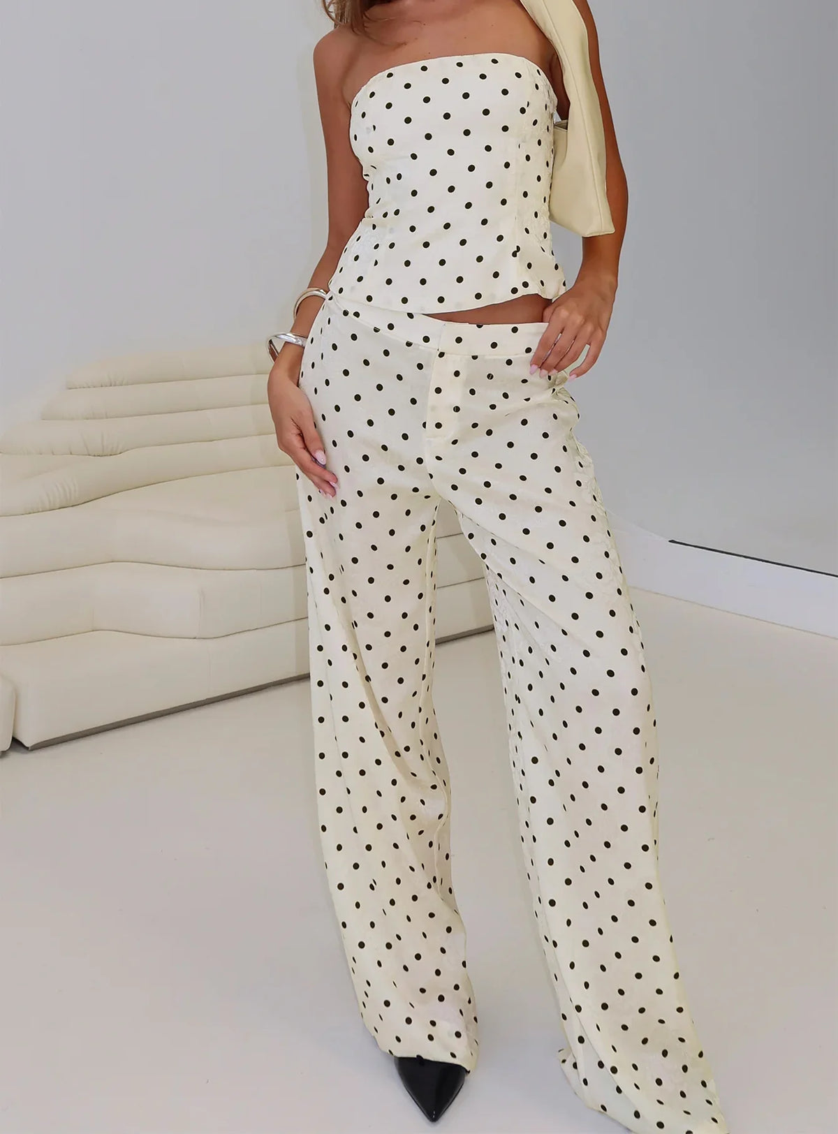 Powdered Sugar Strapless Set Cream Polka