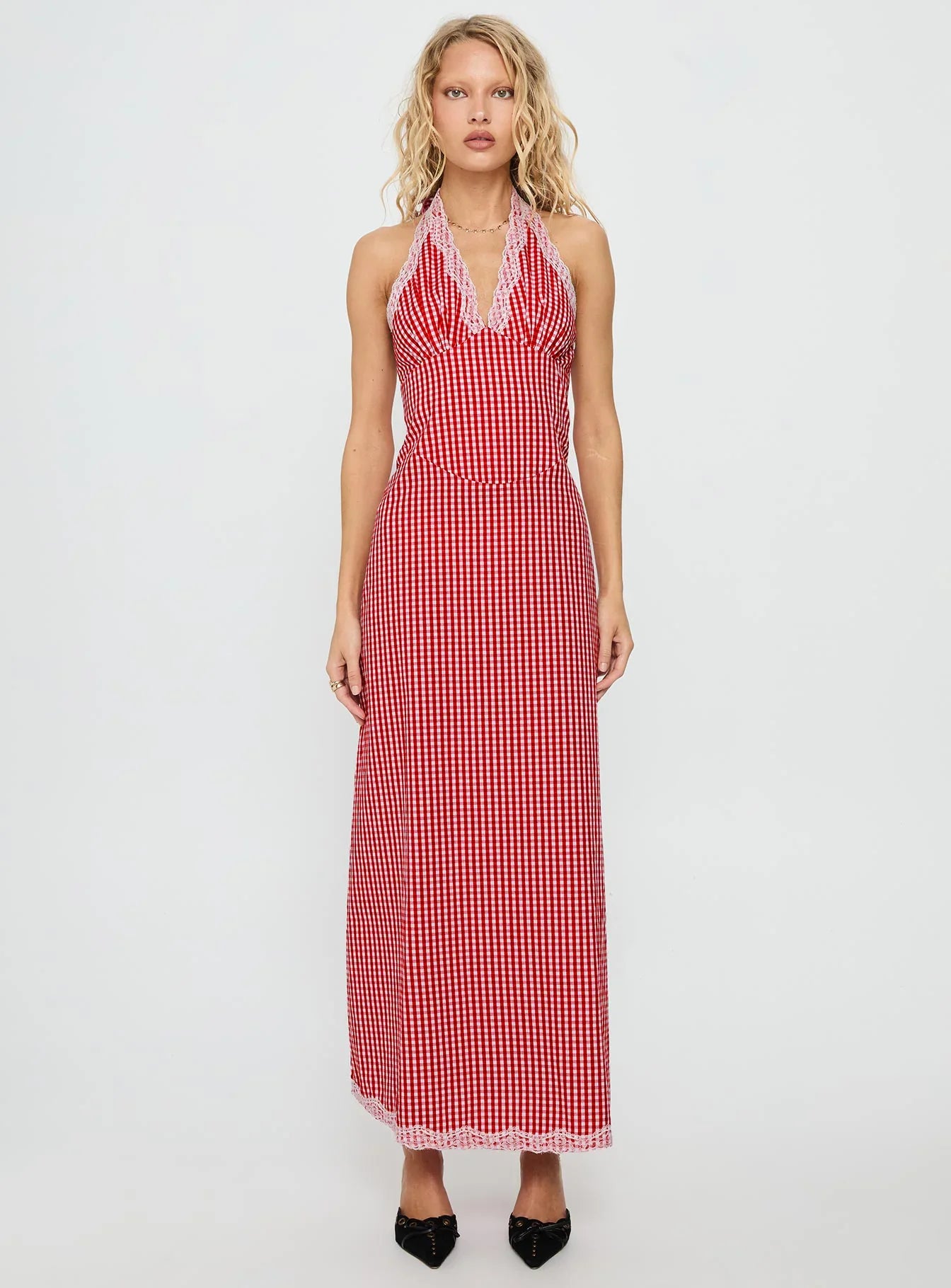 Betsie Halter Lace Maxi Dress Red Gingham
