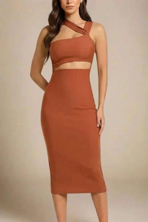 Molly Bandage Midi Dress Tan Brown Sale