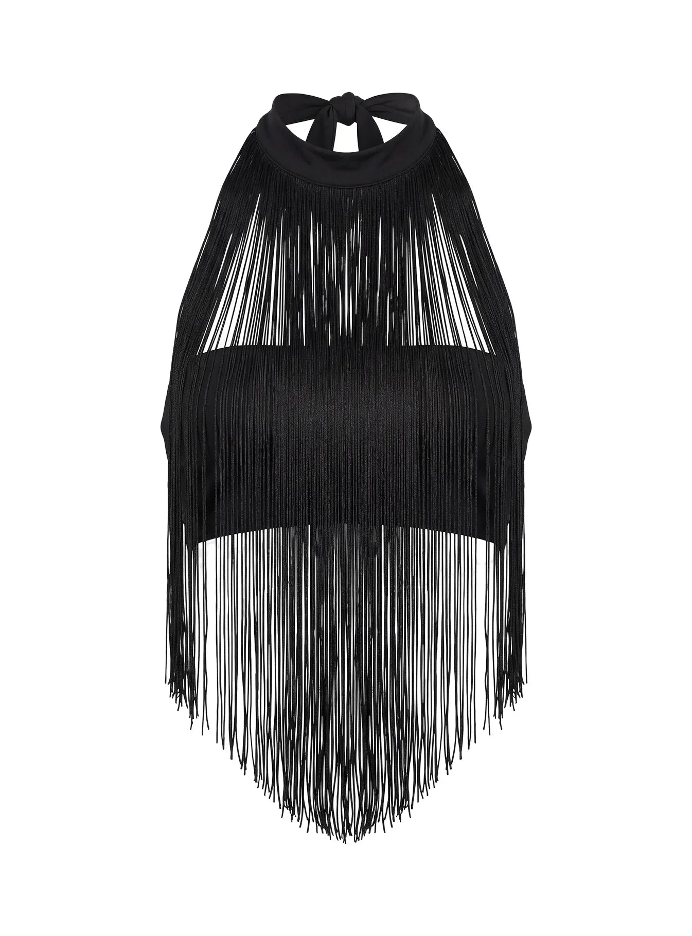 Zephyrine Fringe Asymmetrical Halter Top Black