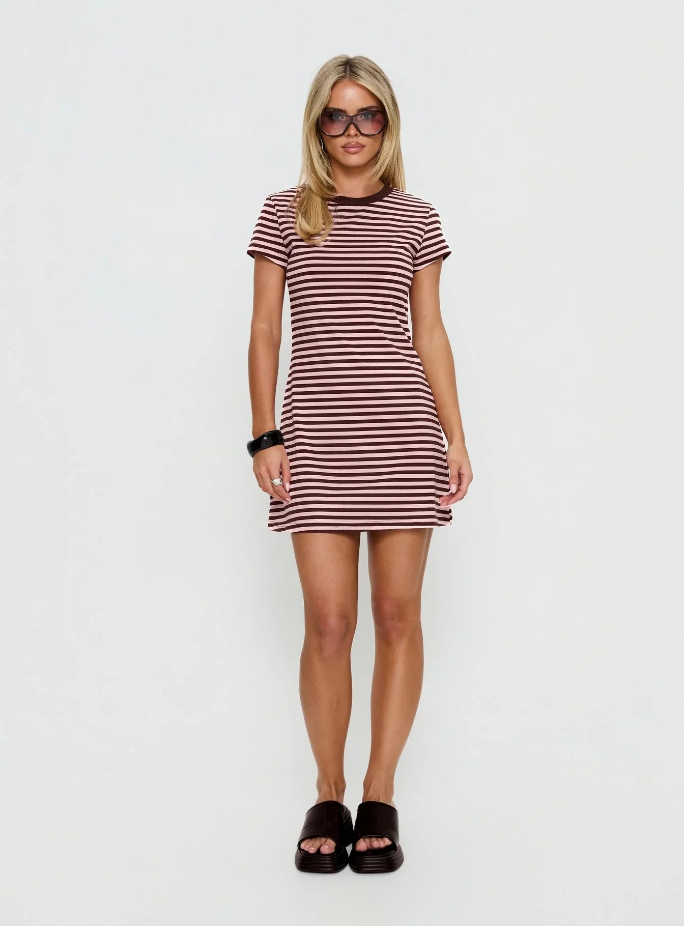 Settle Down Short Sleeve Mini Dress Pink Brown Stripe