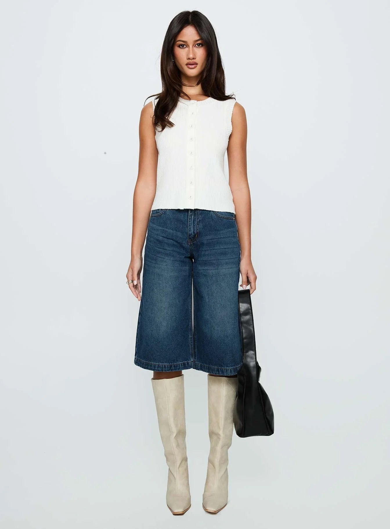 Simie Button Front Rib Top White