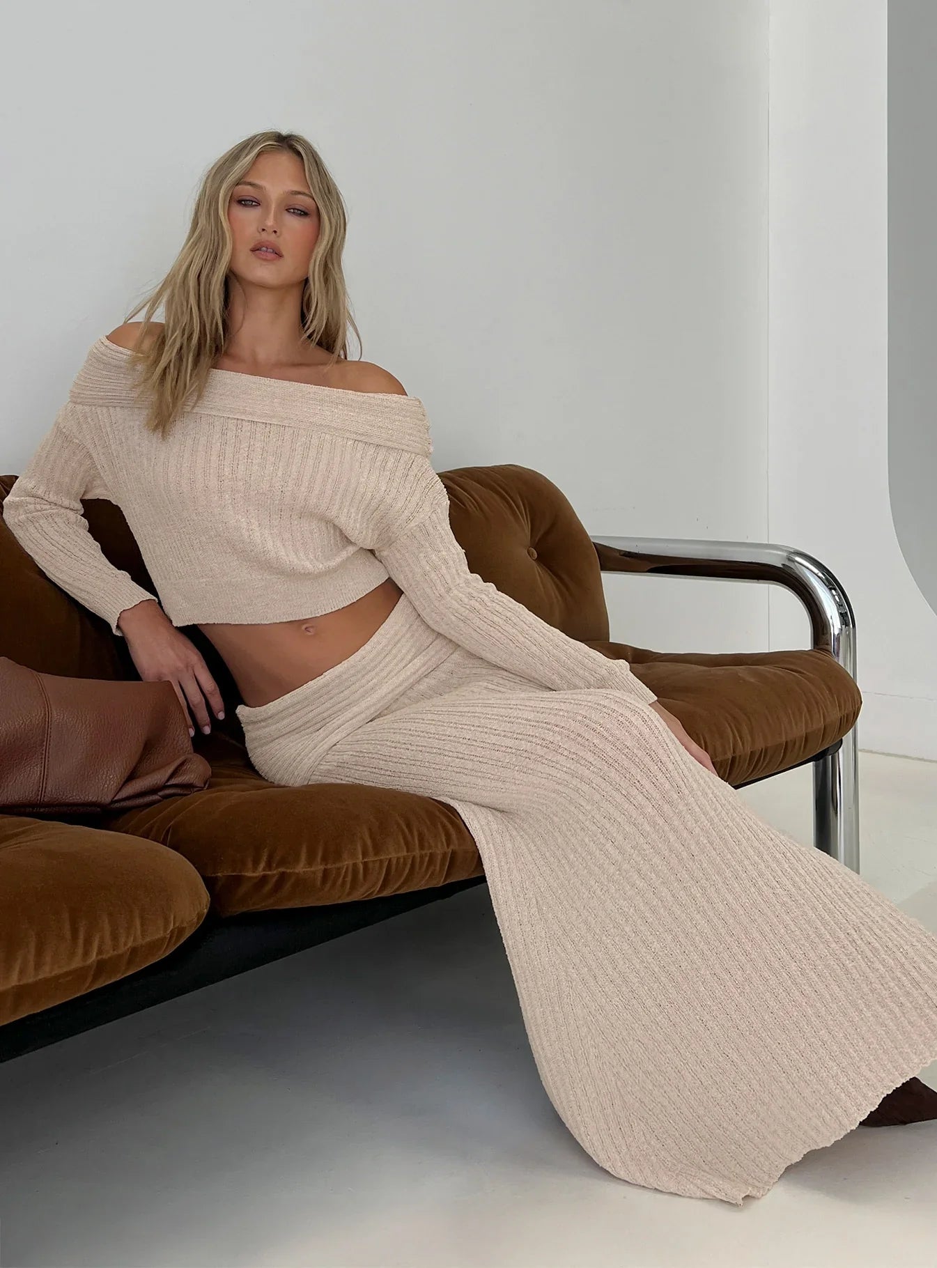 Devion Foldover Waist Maxi Skirt Beige