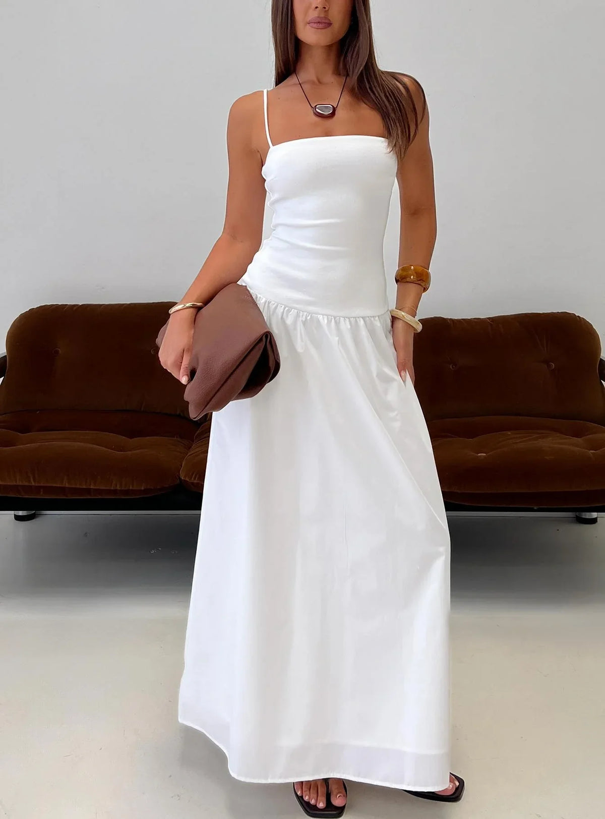 Erroll Drop Waist Knit Maxi Dress White