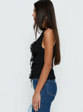 Kerena Lace Trim Tie Front Blouse Top Black
