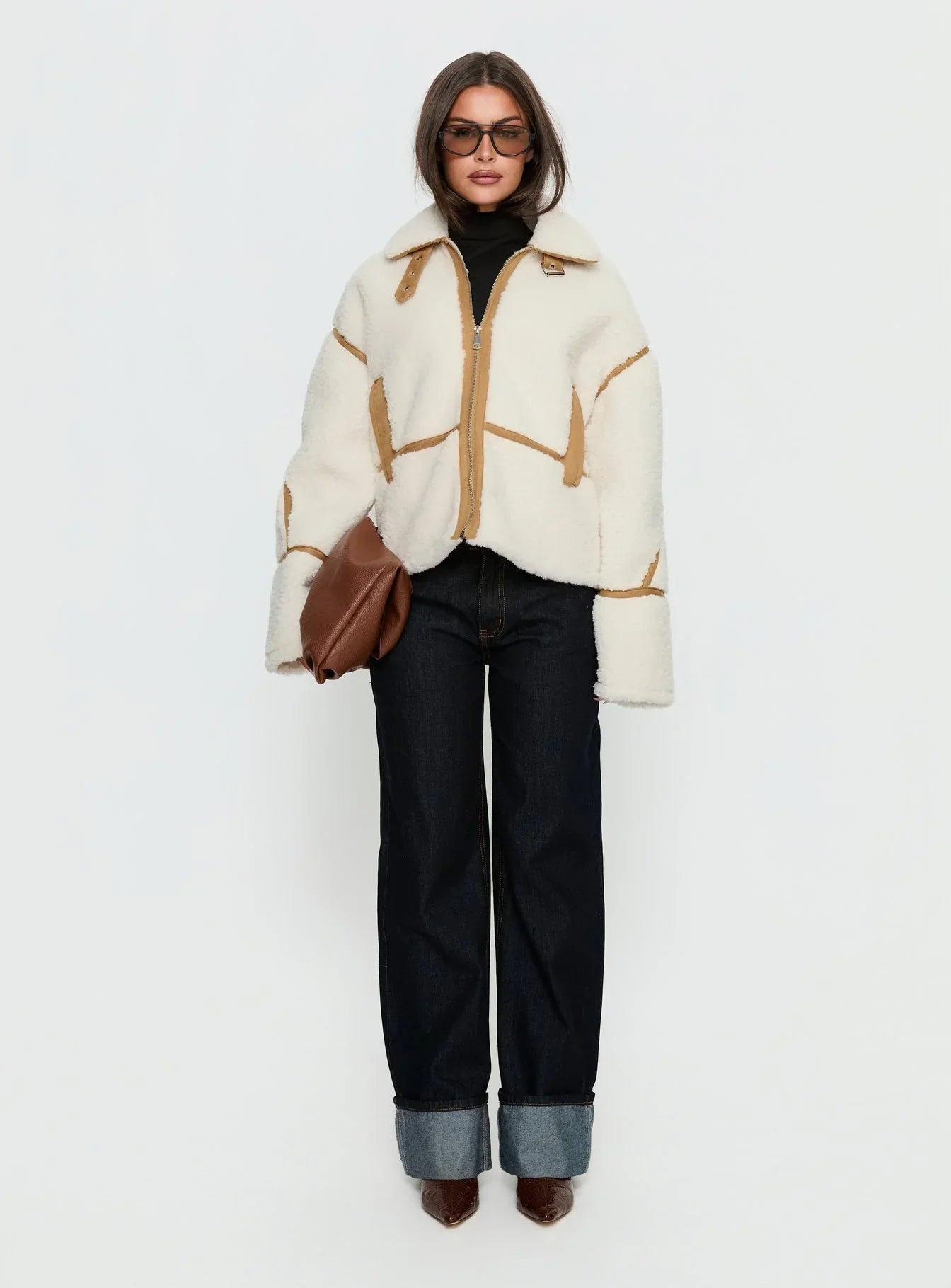 Briane Contrast Teddy Jacket White