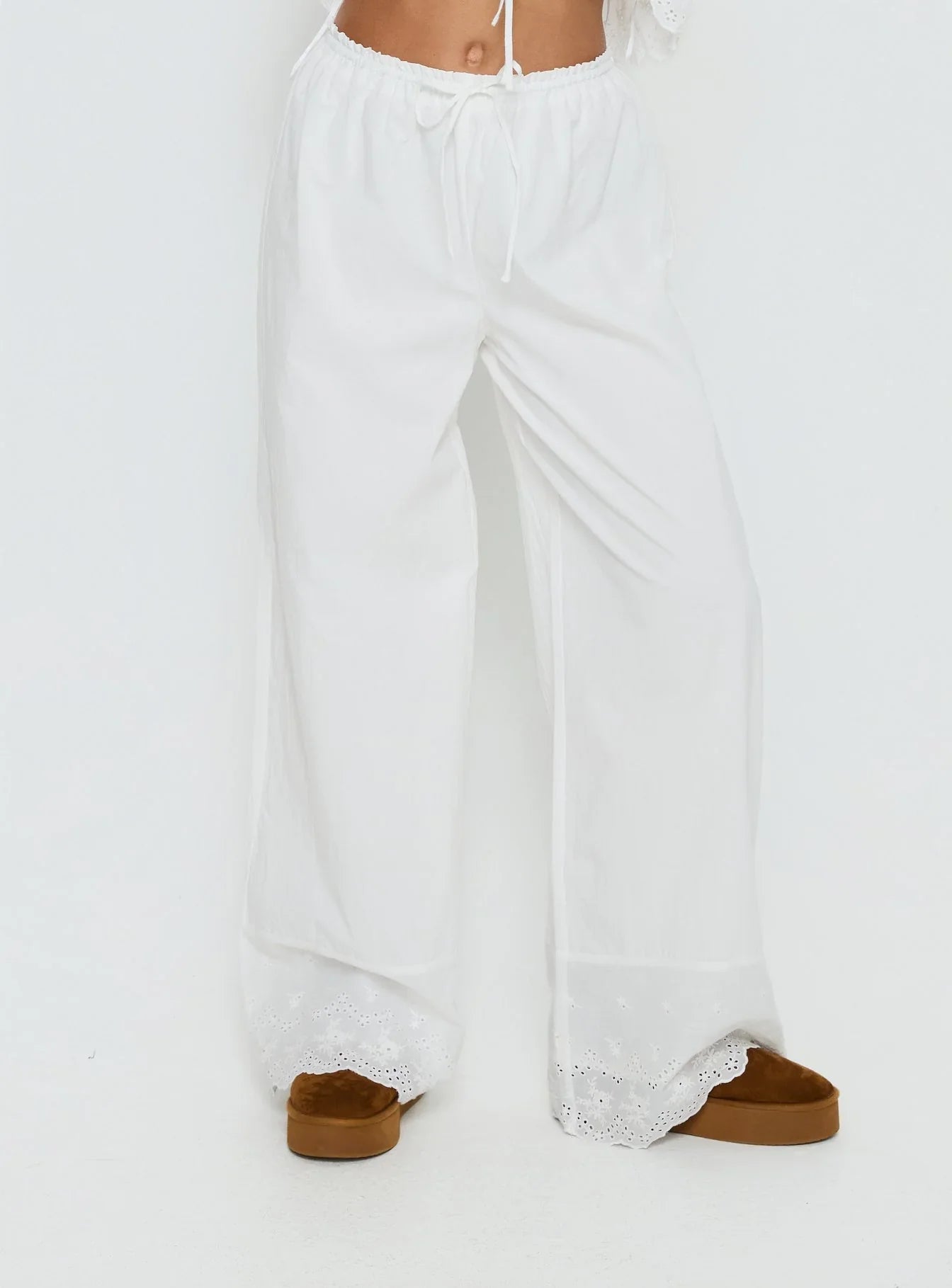 Kissed Chaos Broderie Anglais Tie Waist Pants White